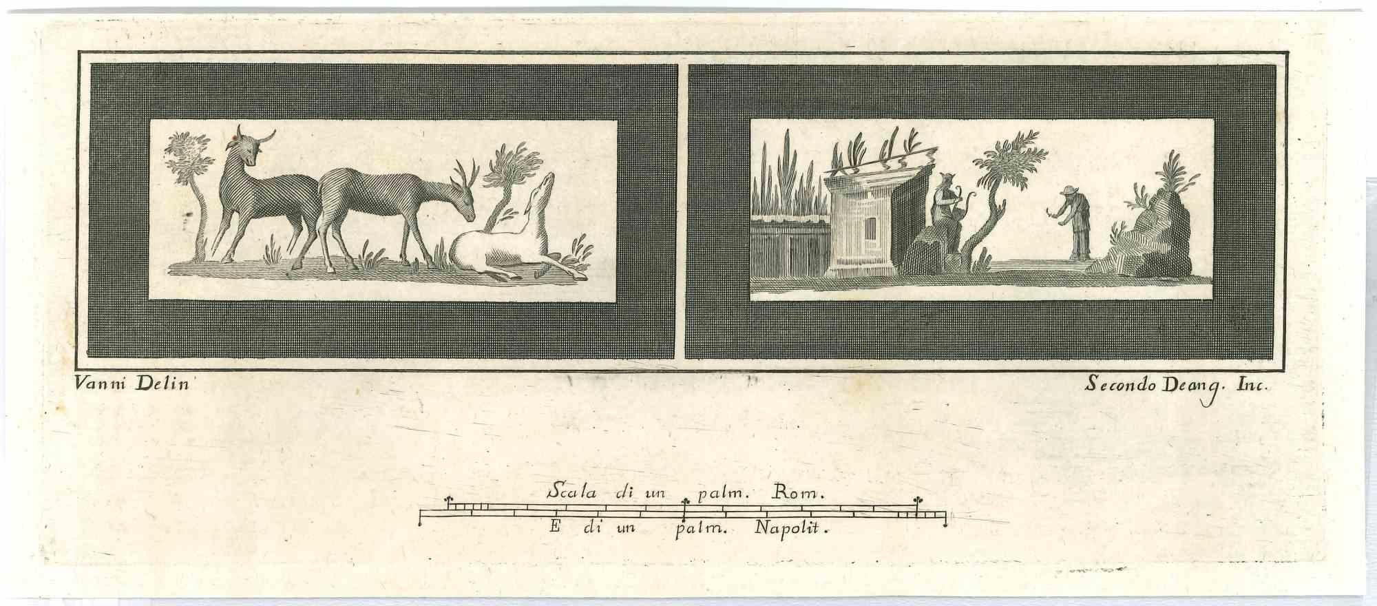 Ancient Roman Frescoes, from the series "Antiquities of Herculaneum", is an original etching on paper realized from a design by Nicolò Vanni in the 18th century.

Signed on the plate.

Good conditions.

The etching belongs to the print suite