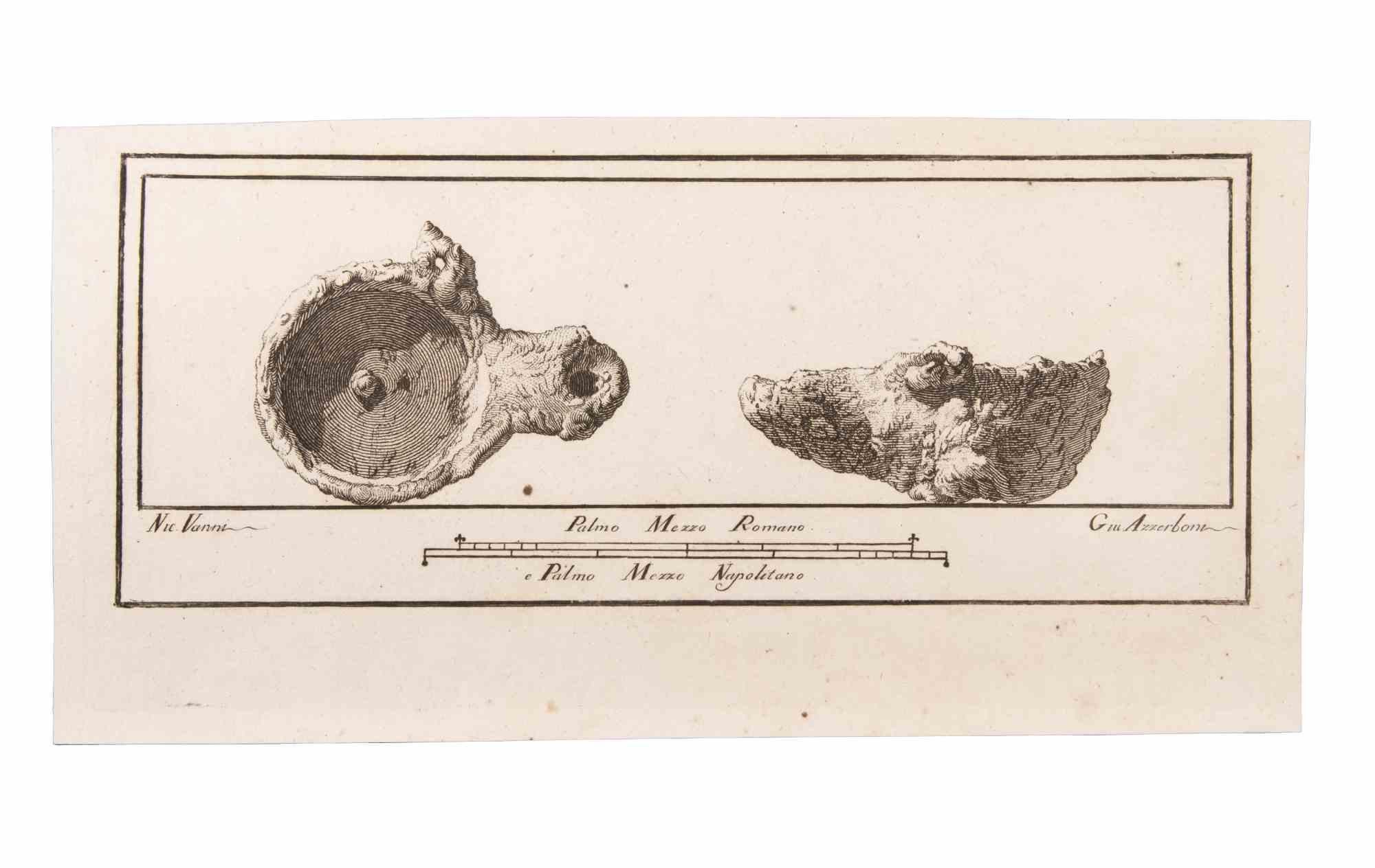 Oil Lamp is an Etching realized by  Niccolò Vanni (1750-1770).

The etching belongs to the print suite “Antiquities of Herculaneum Exposed” (original title: “Le Antichità di Ercolano Esposte”), an eight-volume volume of engravings of the finds from