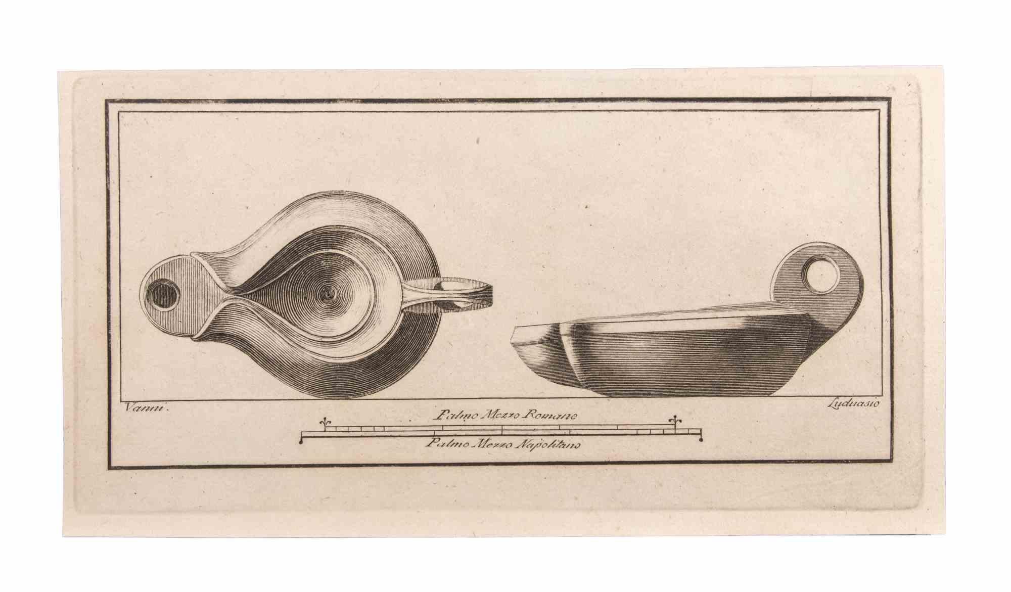 Oil Lamp is an Etching realized by  Niccolò Vanni (1750-1770).

The etching belongs to the print suite “Antiquities of Herculaneum Exposed” (original title: “Le Antichità di Ercolano Esposte”), an eight-volume volume of engravings of the finds from