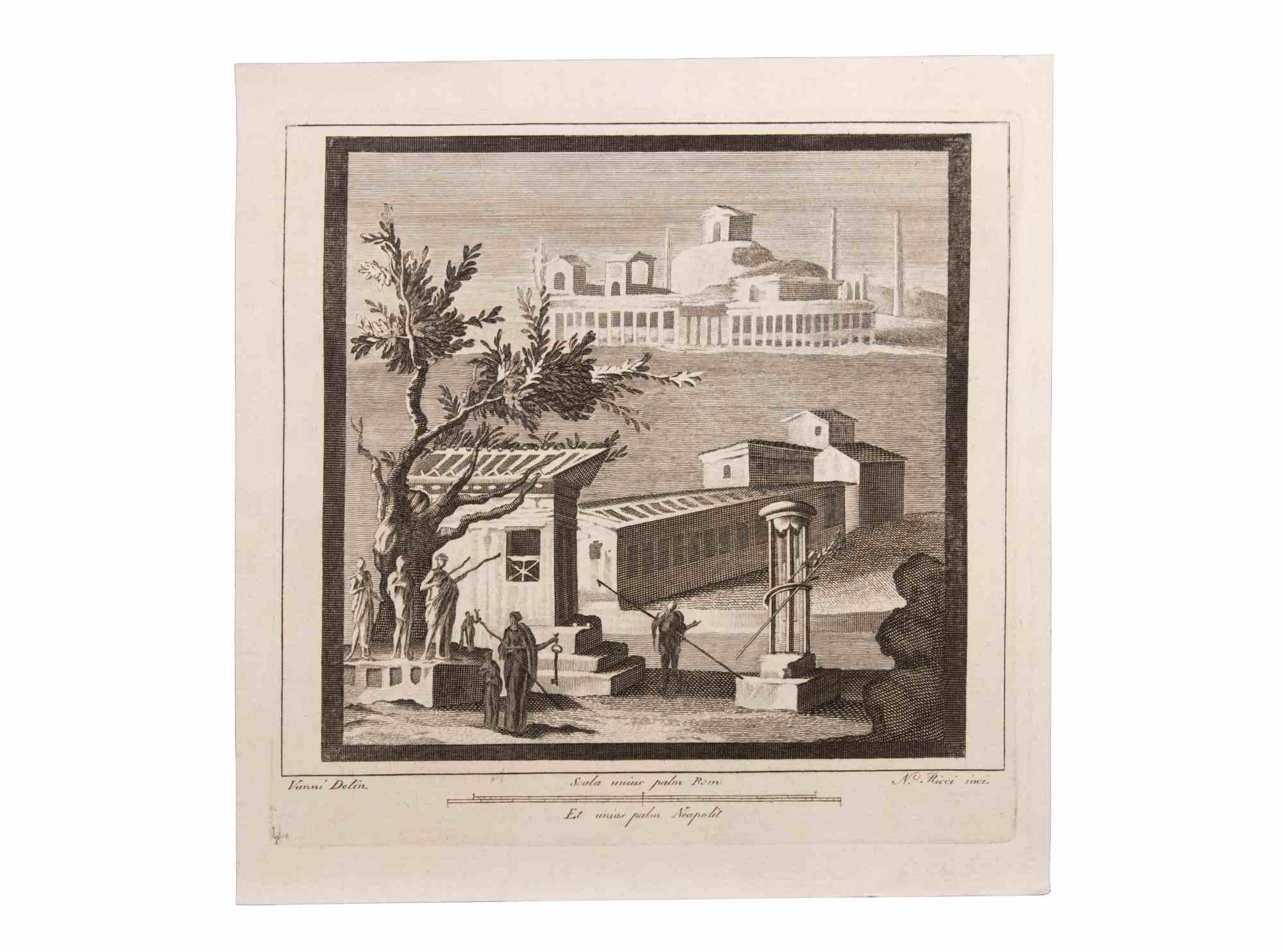 Seascape With Monuments and Figures is an Etching realized by  Niccolò Vanni (1750-1770).

The etching belongs to the print suite “Antiquities of Herculaneum Exposed” (original title: “Le Antichità di Ercolano Esposte”), an eight-volume volume of