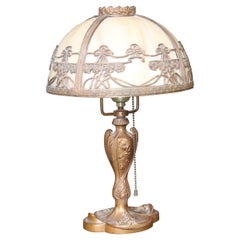 Nice American French Art Nouveau Style Slag Glass Lamp with Bronze Colored Base