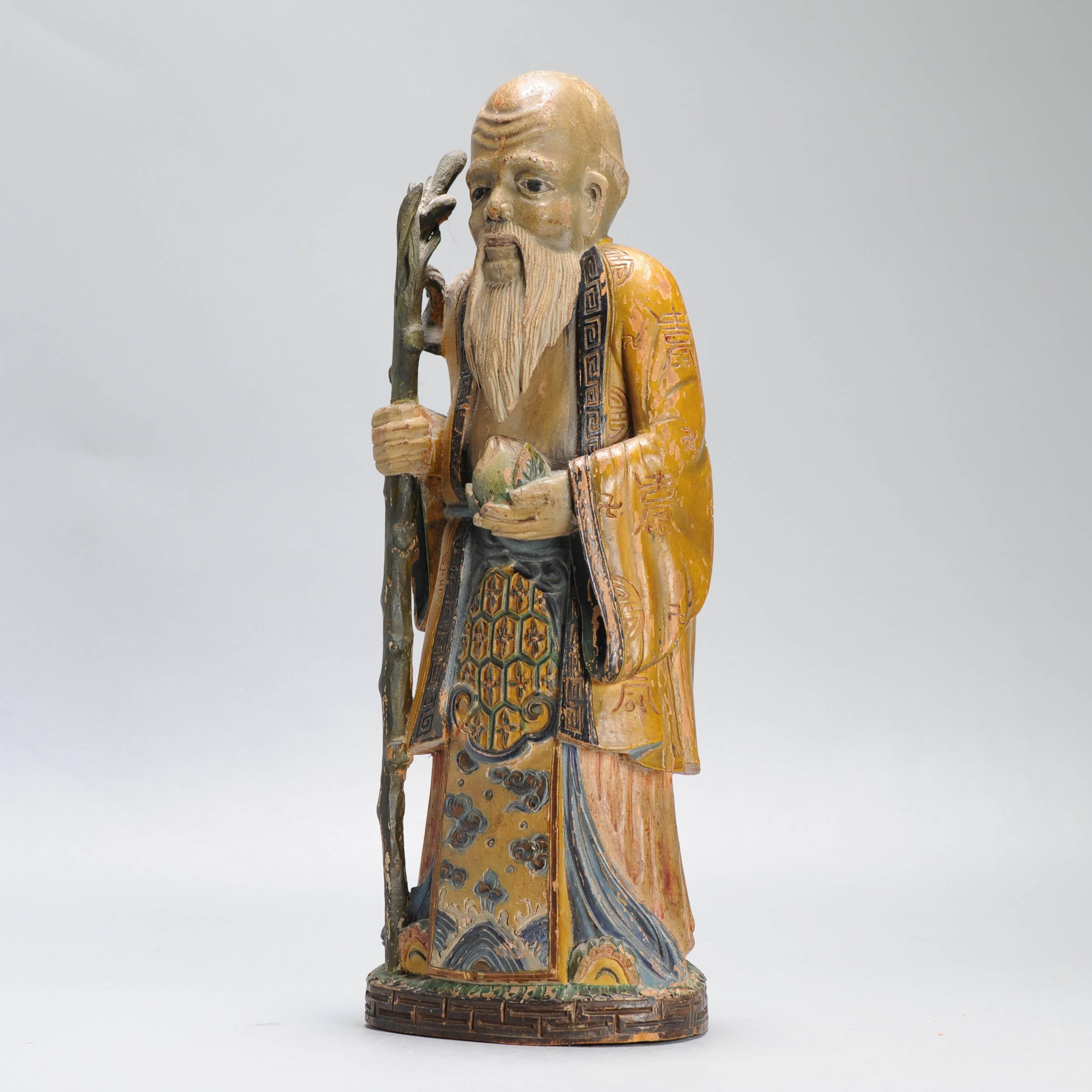 Bella e raffinata statua cinese in legno intagliato della pesca della longevità di Shou Lao in vendita 4