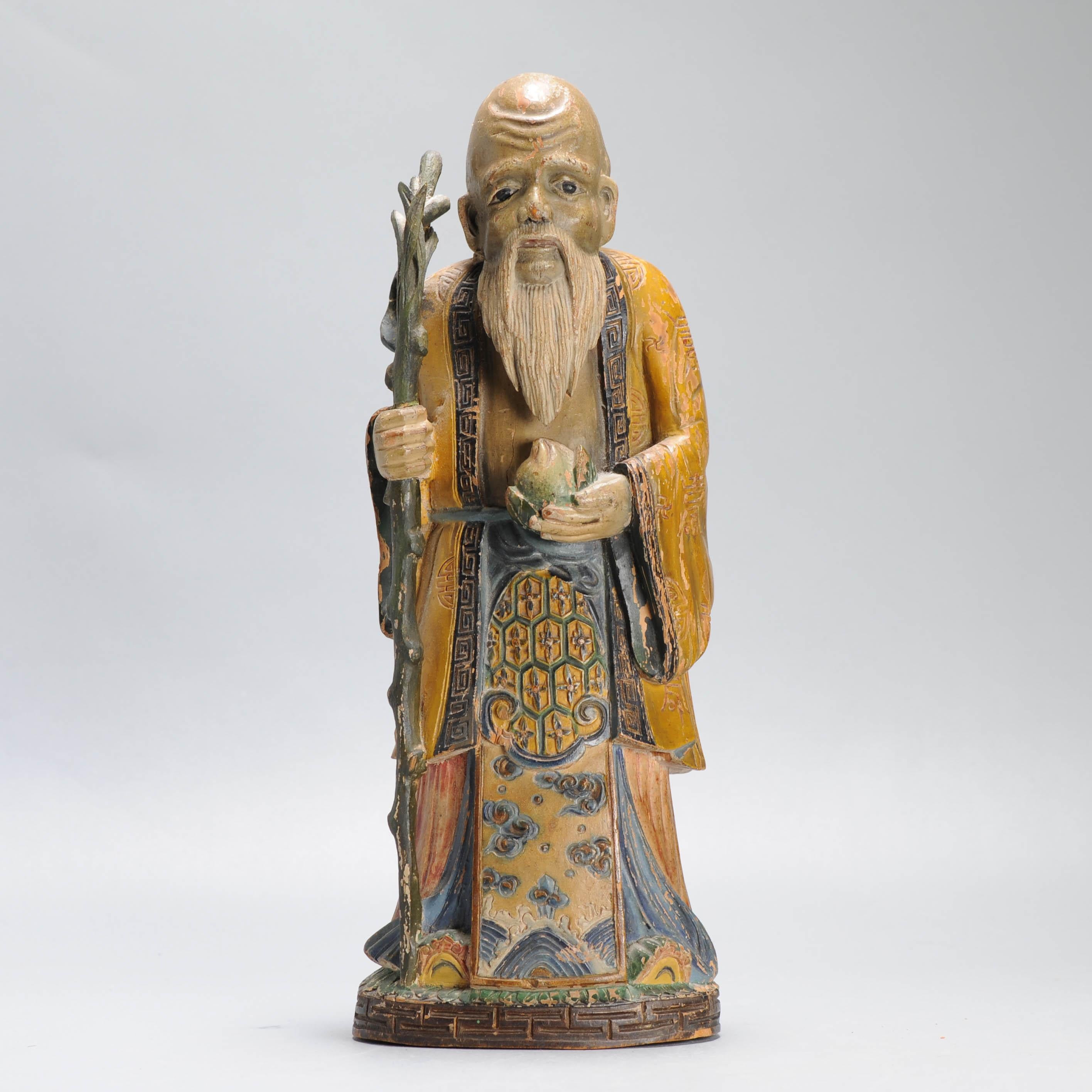 Bella e raffinata statua cinese in legno intagliato della pesca della longevità di Shou Lao in vendita 5