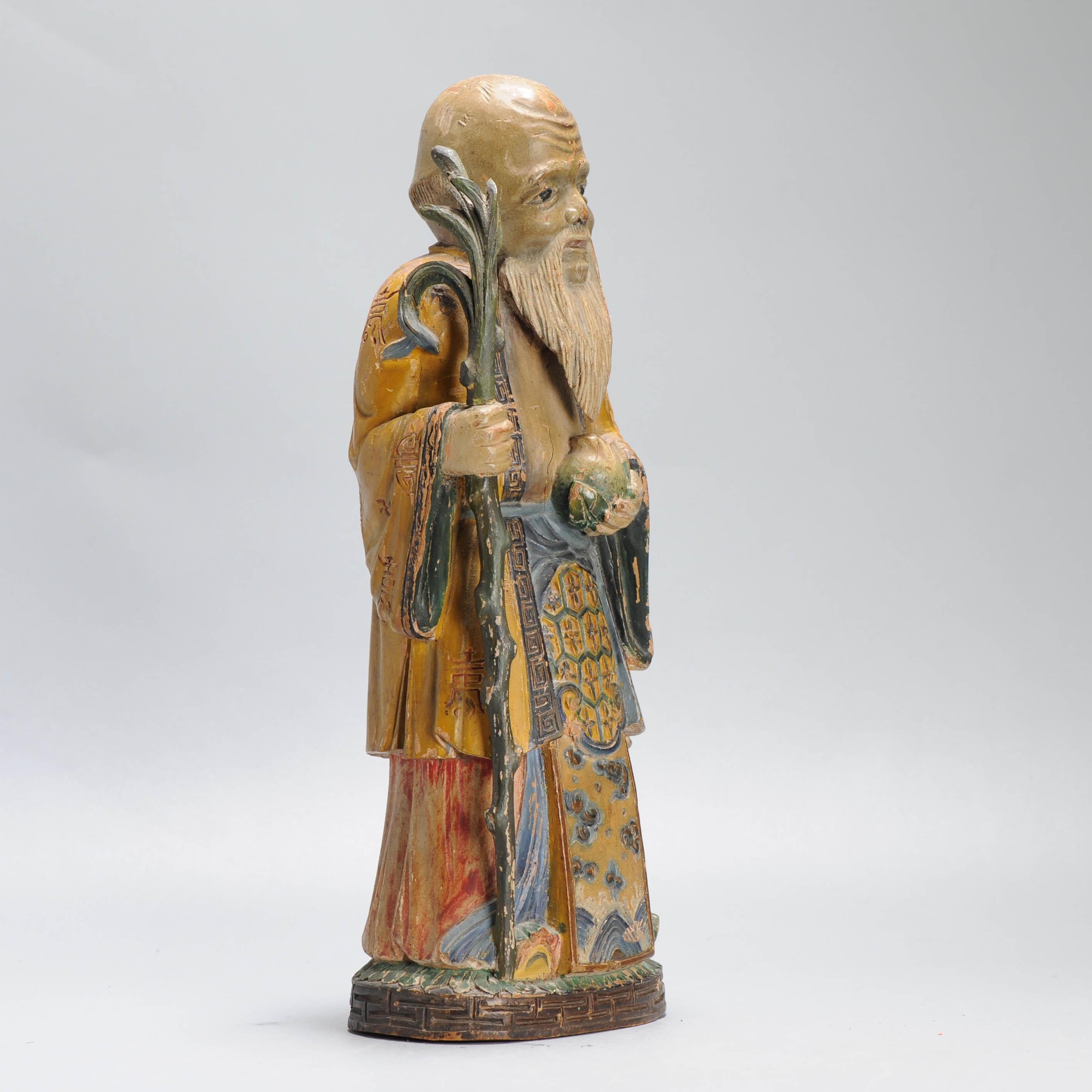 Bella e raffinata statua cinese in legno intagliato della pesca della longevità di Shou Lao