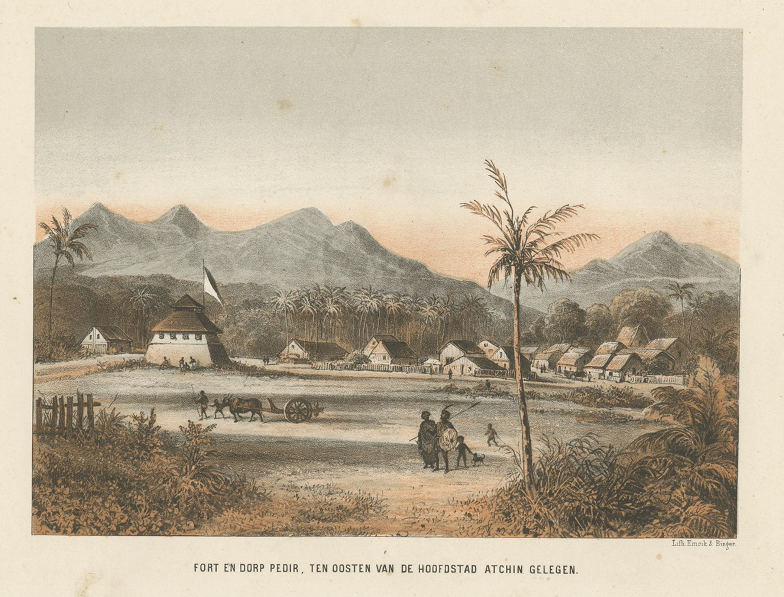 Nice Antique Asian Village View in Aceh, Sumatra, Indonesia, 1874 In Good Condition For Sale In Langweer, NL