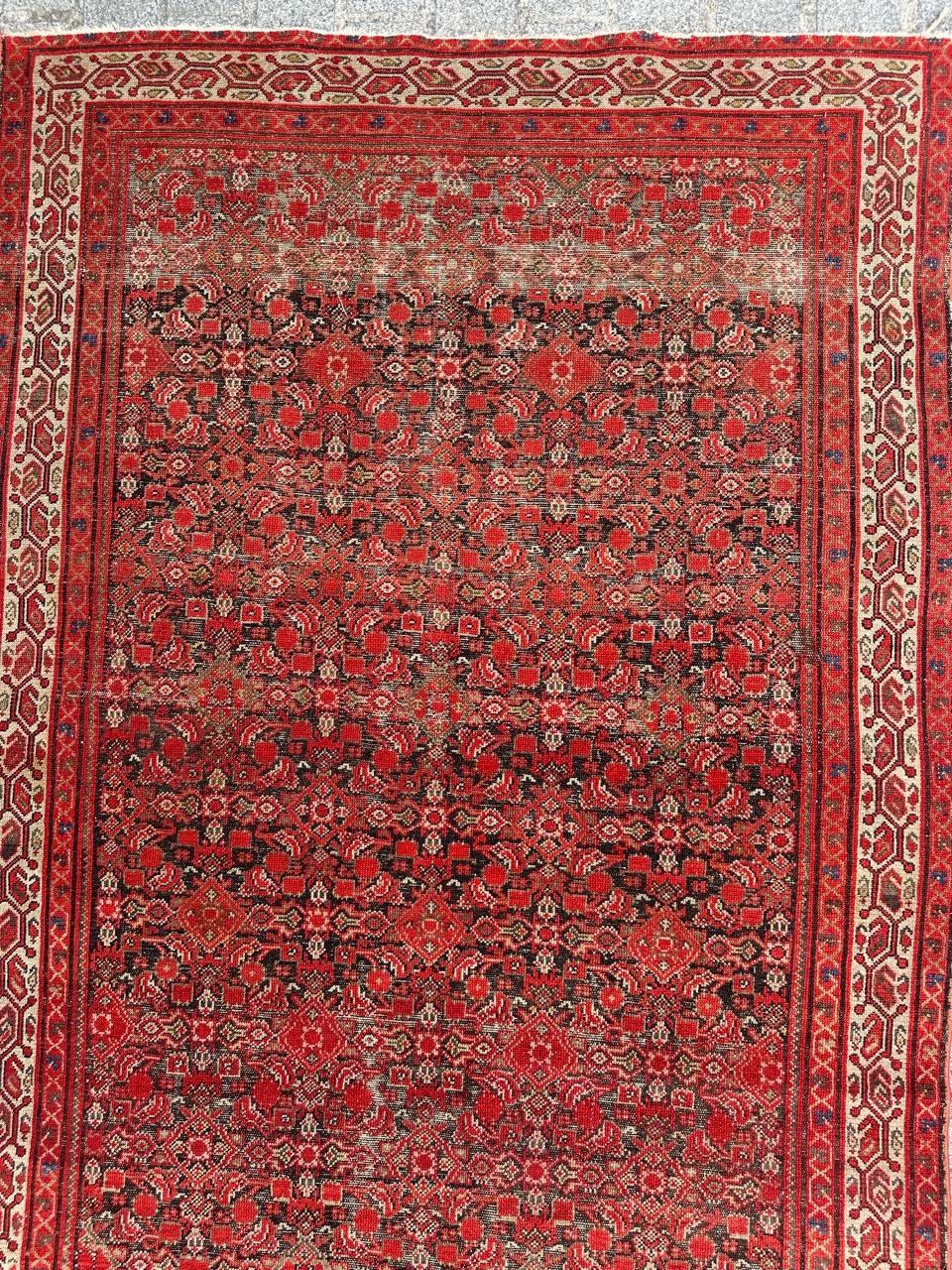 Very beautiful late 19th century malayer rug with a beautiful herati design with stylized designs and nice natural colours with a dark brown field, red, green, grey and white in design. Entirely and finely hand knotted with wool on cotton