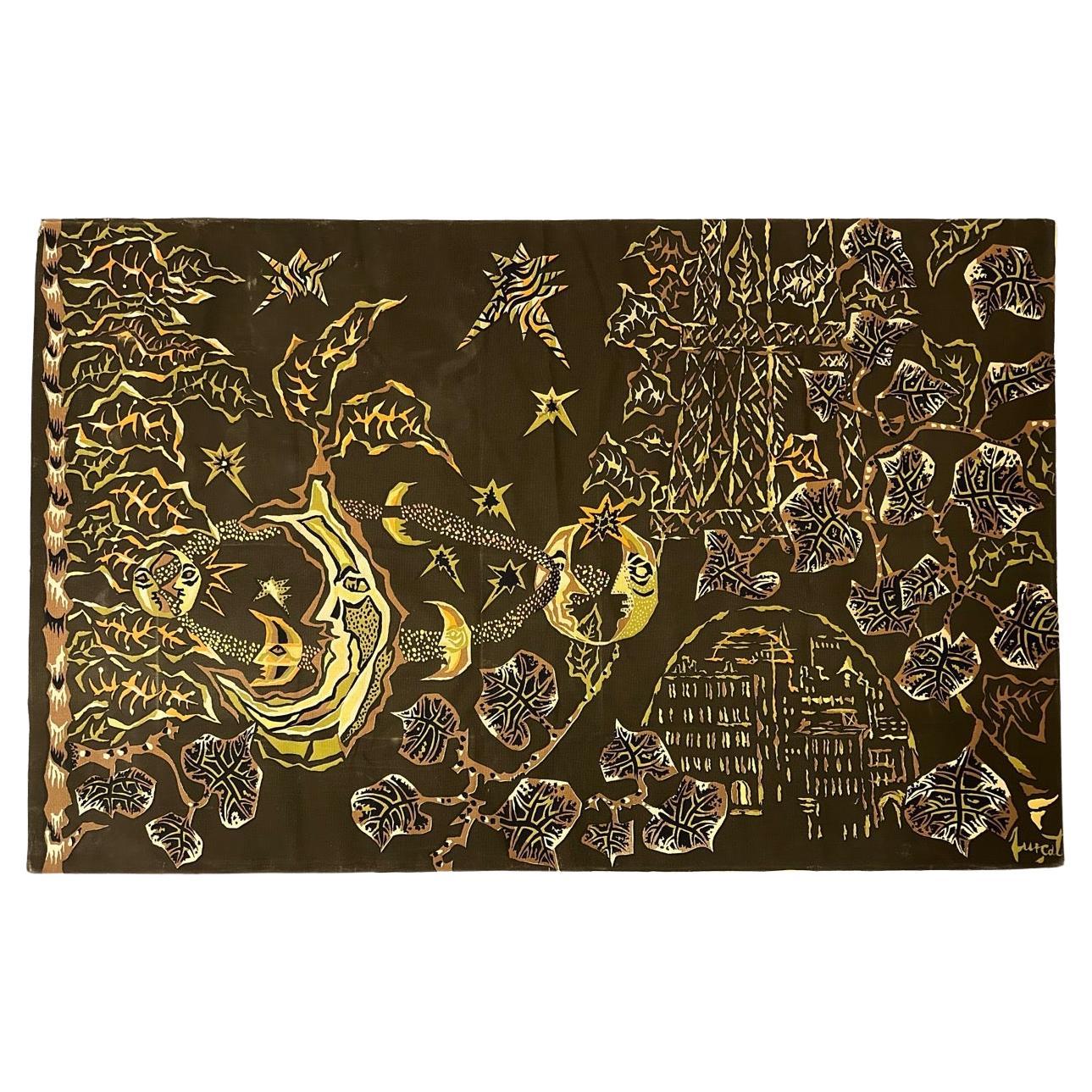 Bobyrug's Nice Antique French Hand Printed Lurçat Signed Tapestry en vente