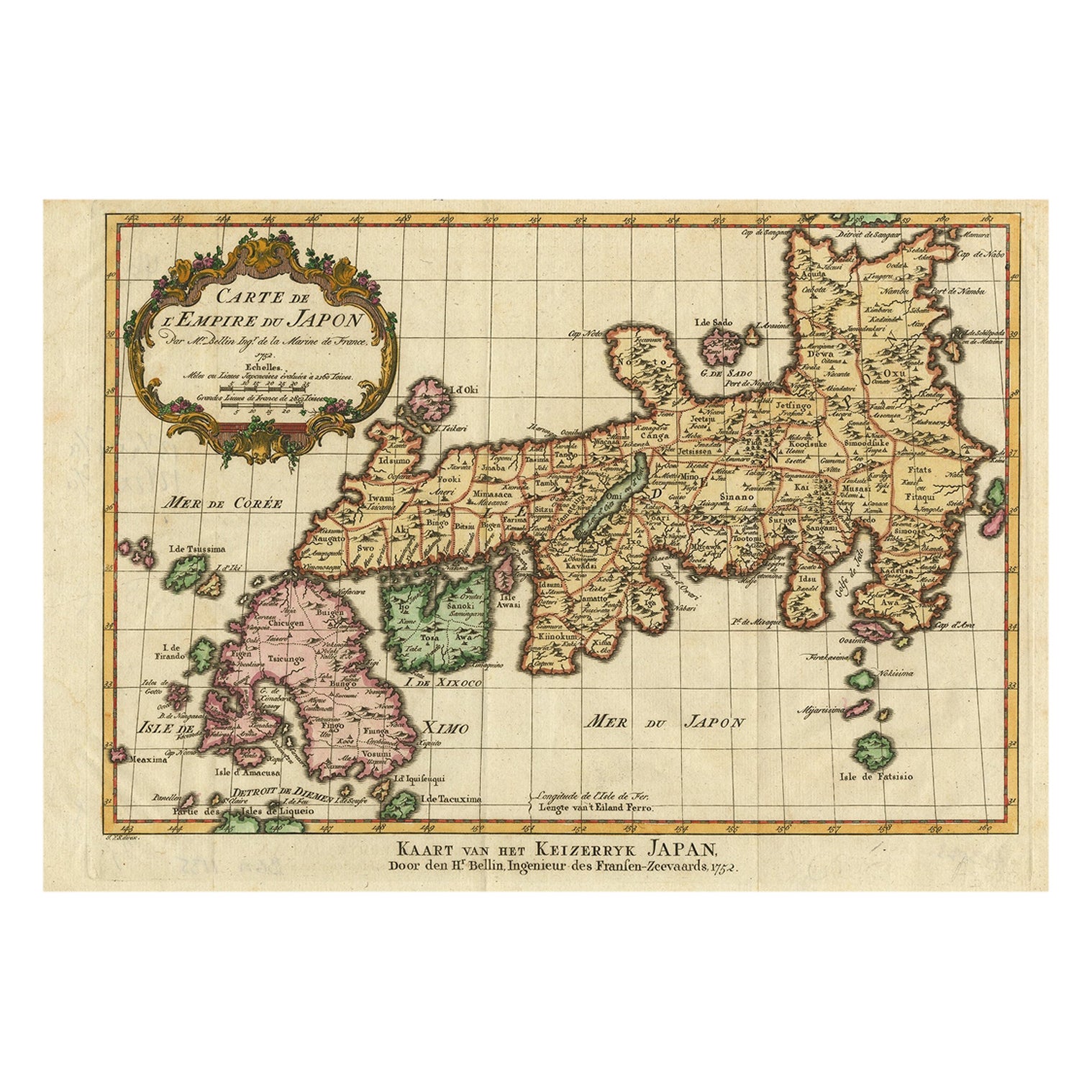 Bella mappa antica dell'Impero del Giappone. Centrato sulla baia di Osaka, 1752 ca.