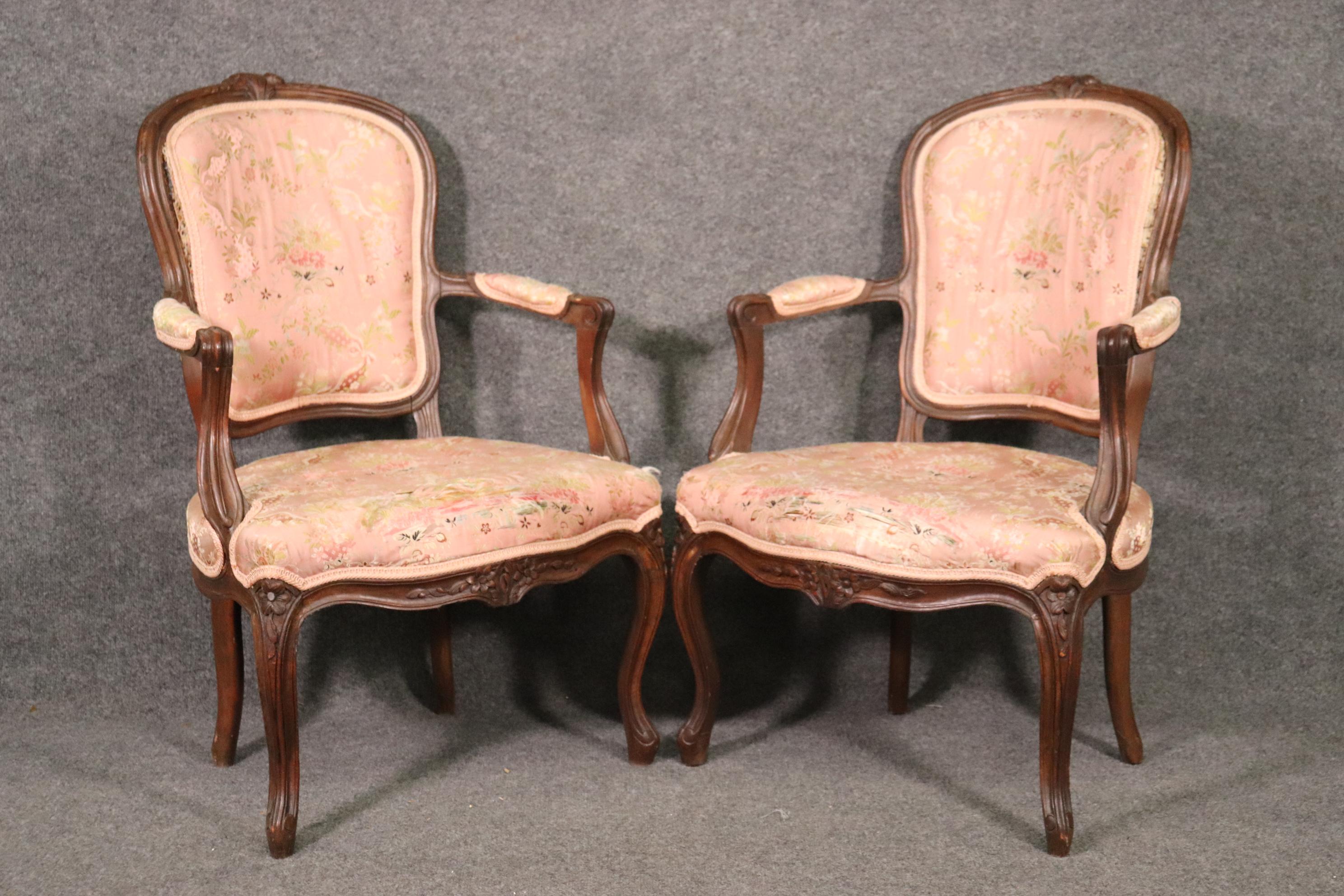 These antiqe chairs are in good condition as far as the franes are concerned, but will be needing new upholsetry. That means its a great chance to put your touch on them! They each measure 35.5 tall x 26 wide x 23.5 deep x seat height is 16.