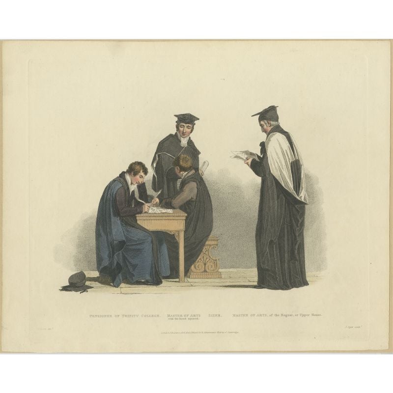 Antique print titled 'Pensioner of Trinity College - Master of Arts - Sizer - Master of Arts, of the regent, or Upper House'. Portraits of four men in academic costumes; a college cap lying on the floor at far left, next to a Pensioner of Trinity