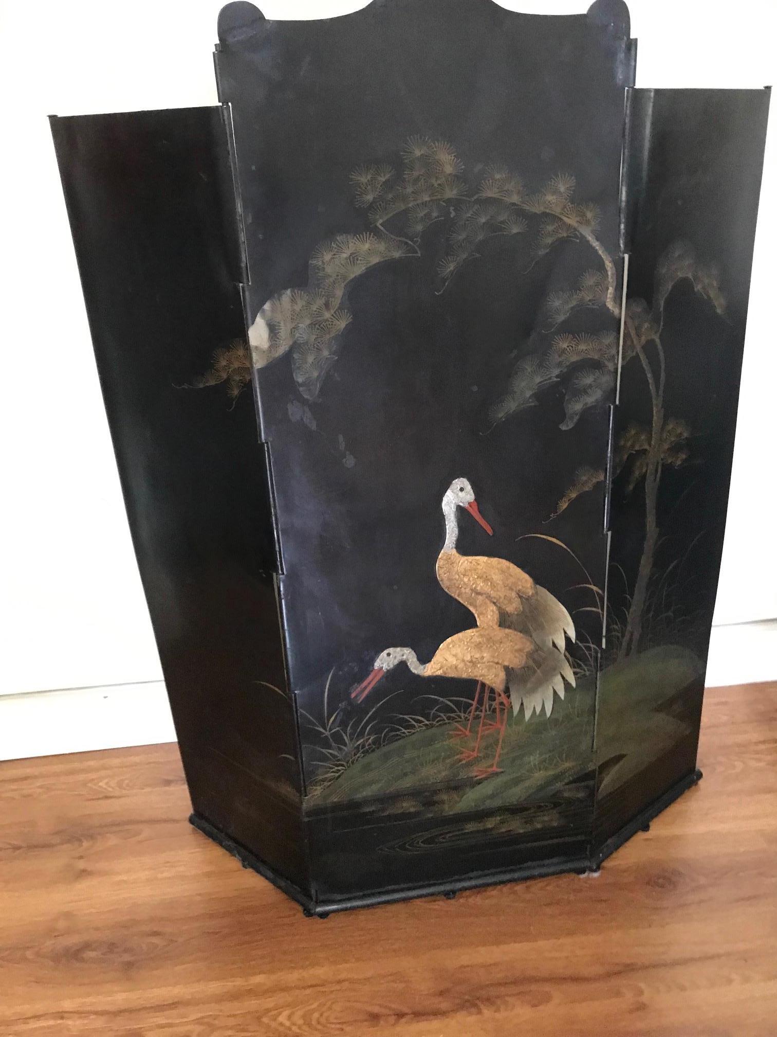 a beautyful french art nouveau fire screen with floral motifs and crane birds, France 1900-1920.