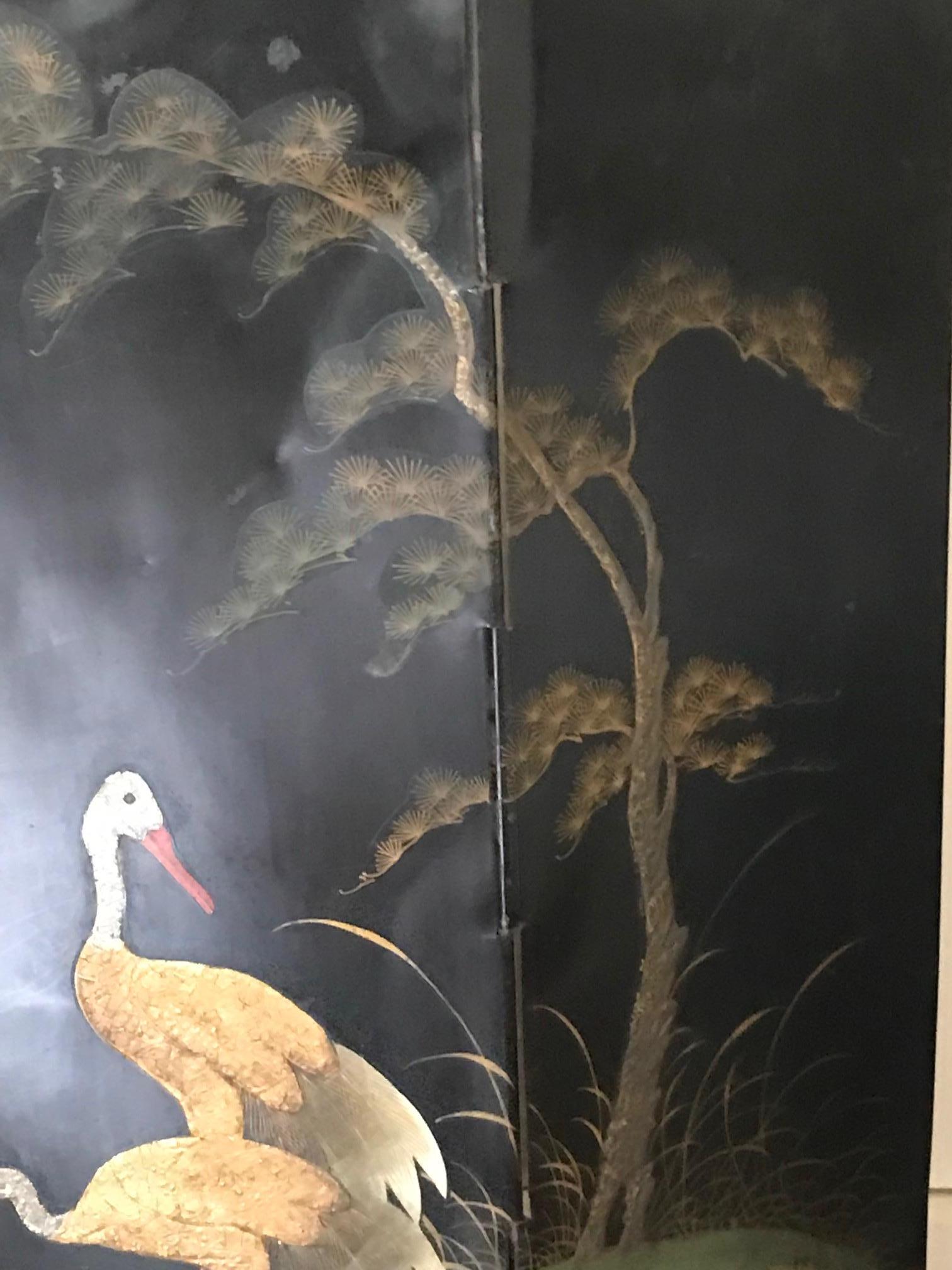 Hand-Painted nice art nouveau fire screen with hand painted crane birds. France 1900-1920 For Sale