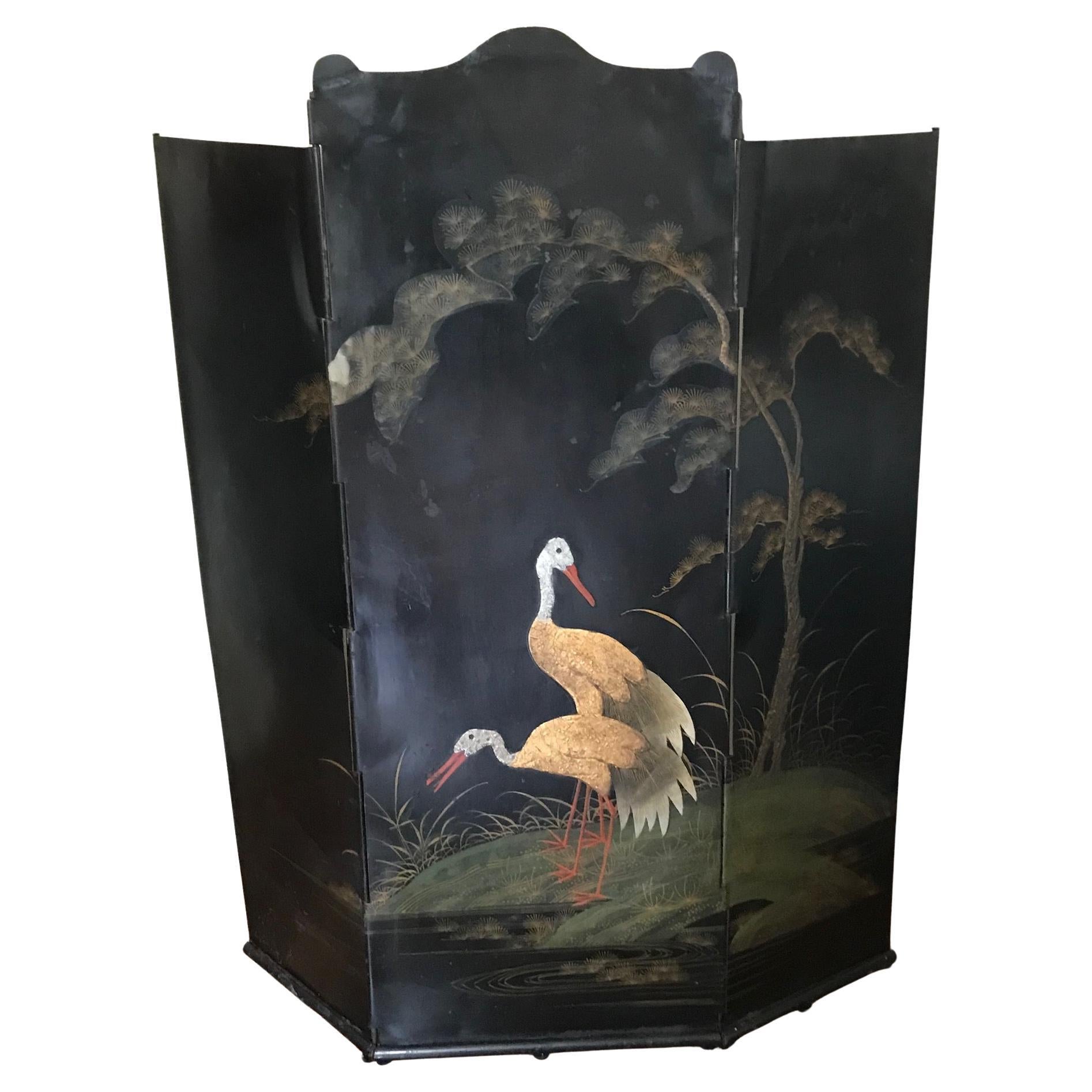 nice art nouveau fire screen with hand painted crane birds. France 1900-1920 For Sale