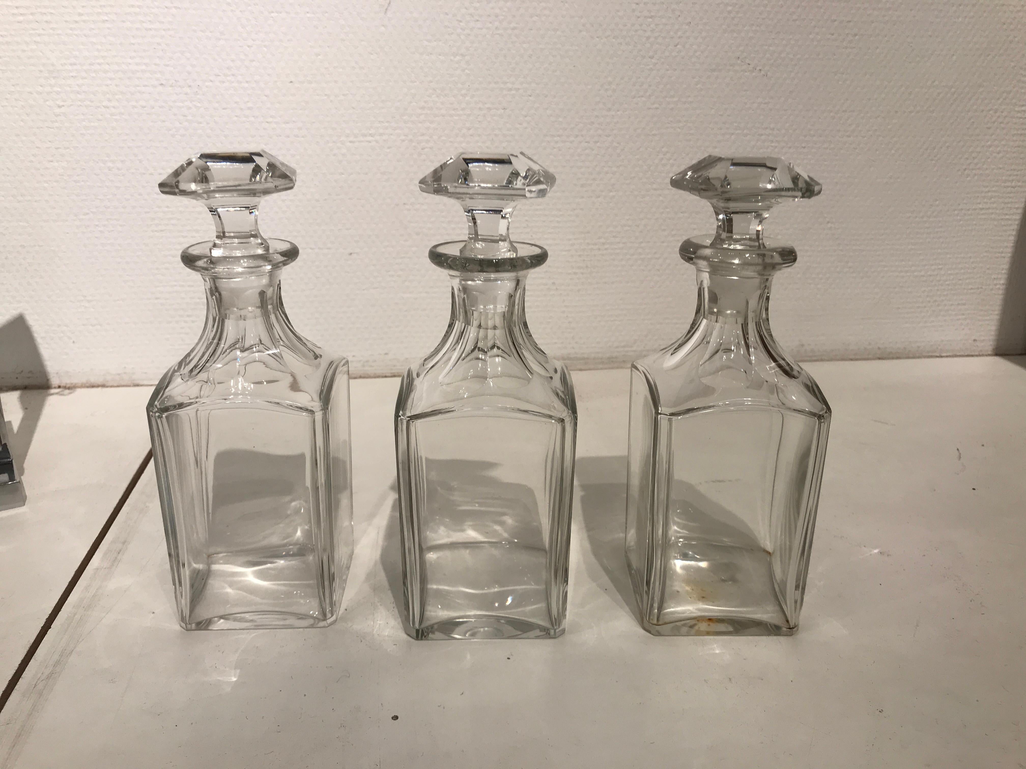 French Nice Baccarat Crystal and Jacques Adnet Liquor Bottles Set For Sale