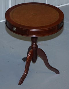 Nice Bevan Funnell Regency Brown Leather Drum Side Lamp Wine Table Three Drawers