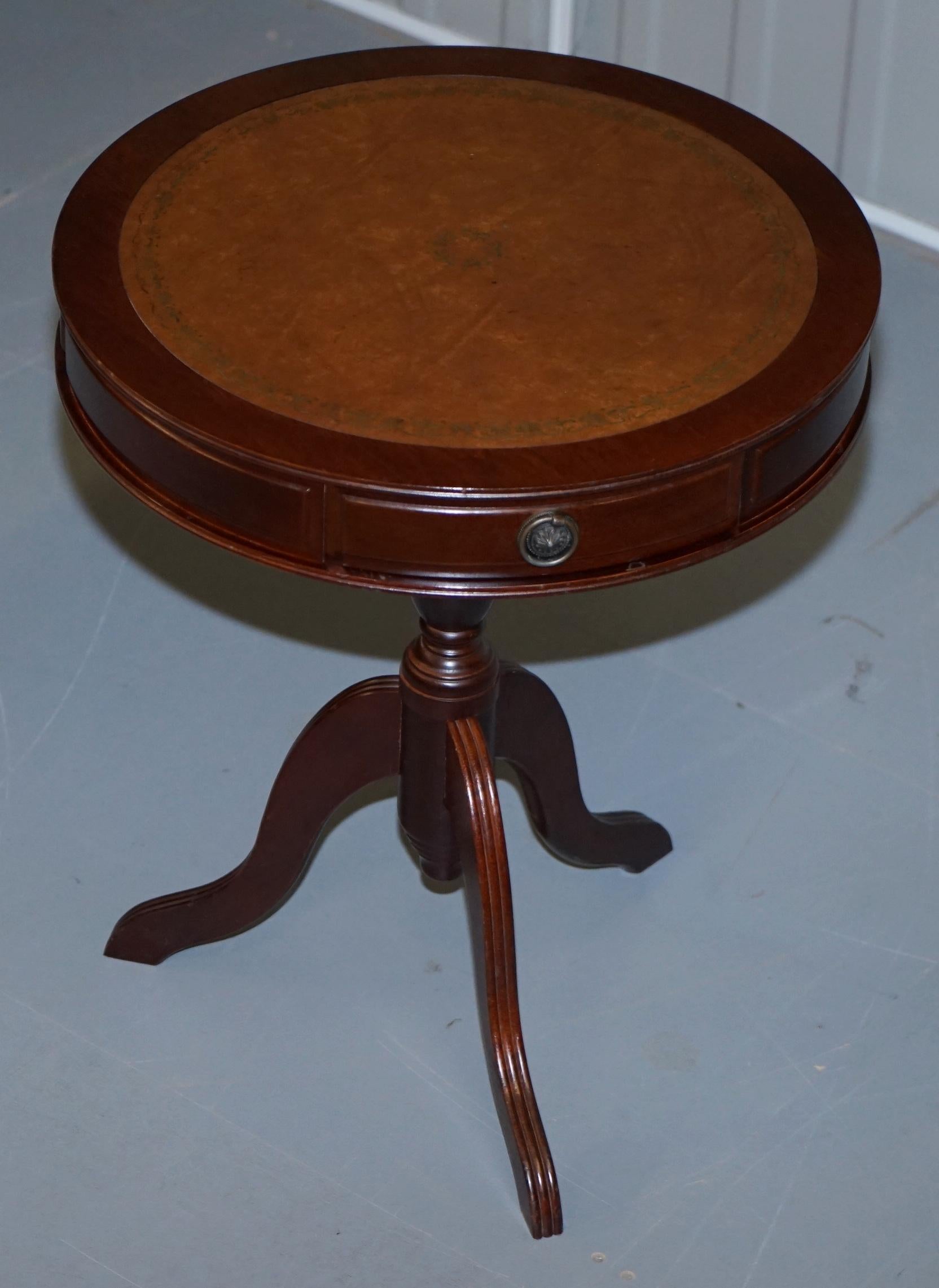 Modern Nice Bevan Funnell Regency Brown Leather Drum Side Lamp Wine Table Three Drawers
