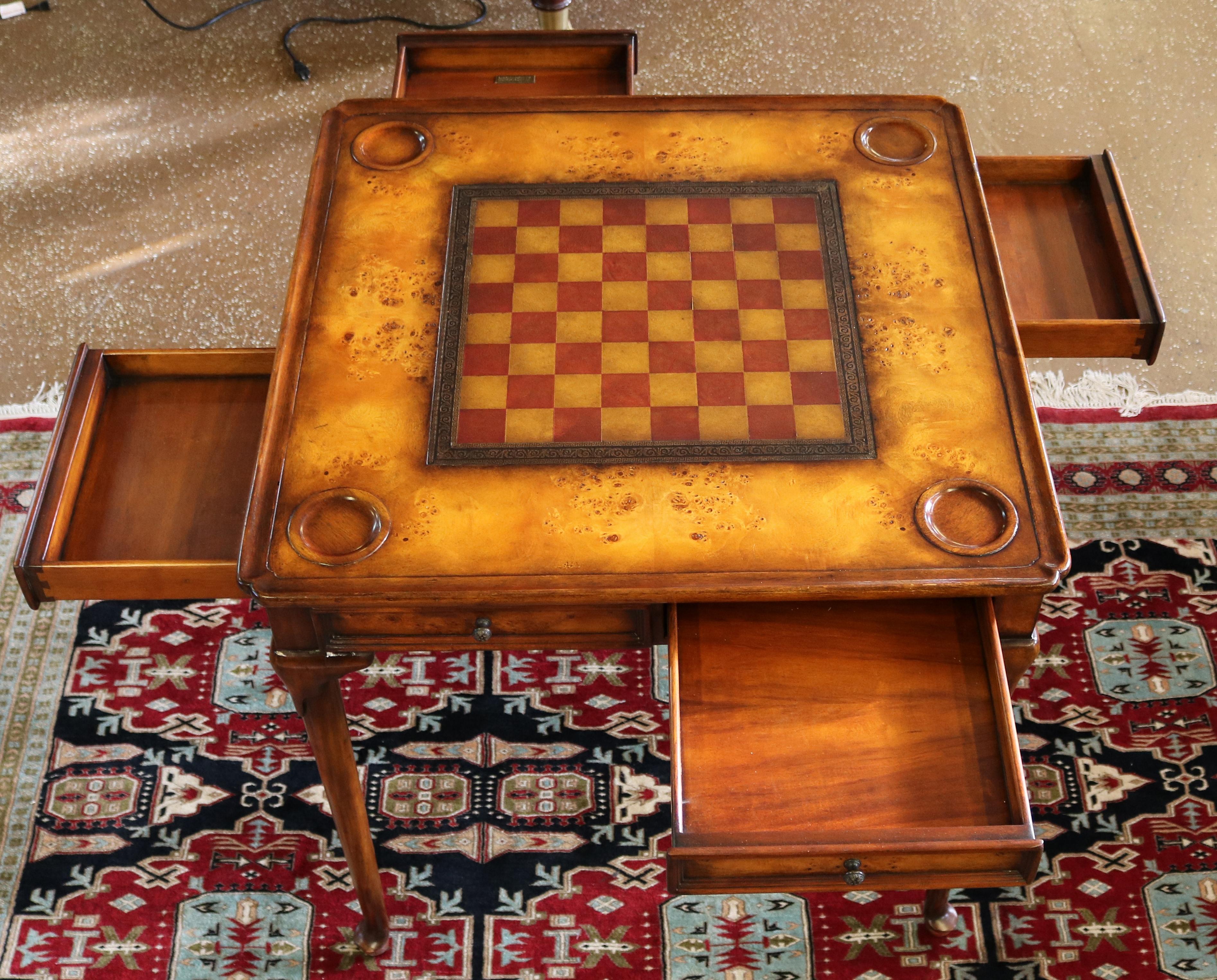 Nice Burled Walnut Theodore Alexander Leather Top Game Table 10