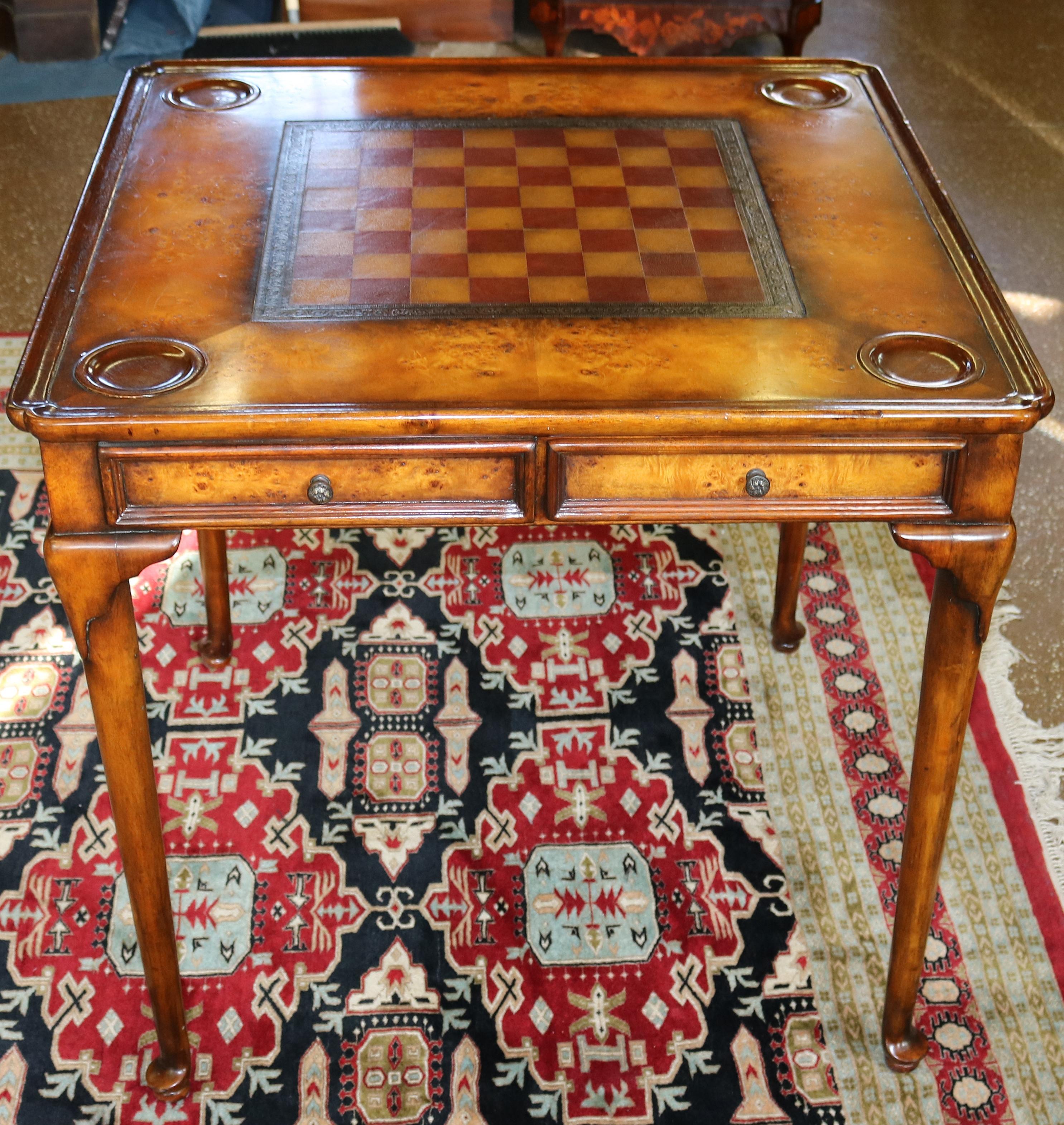 American Nice Burled Walnut Theodore Alexander Leather Top Game Table