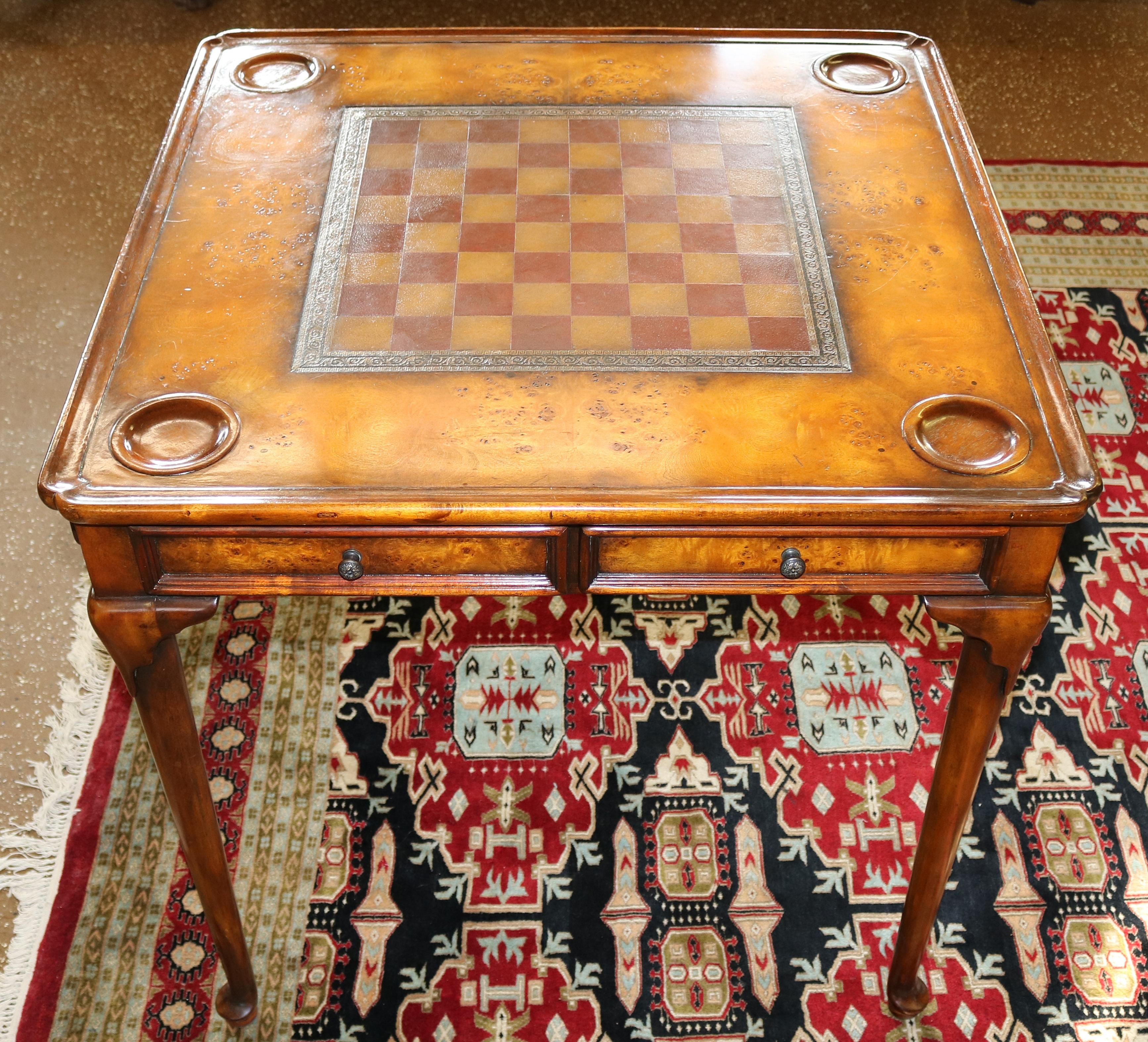 Nice Burled Walnut Theodore Alexander Leather Top Game Table In Good Condition In Long Branch, NJ