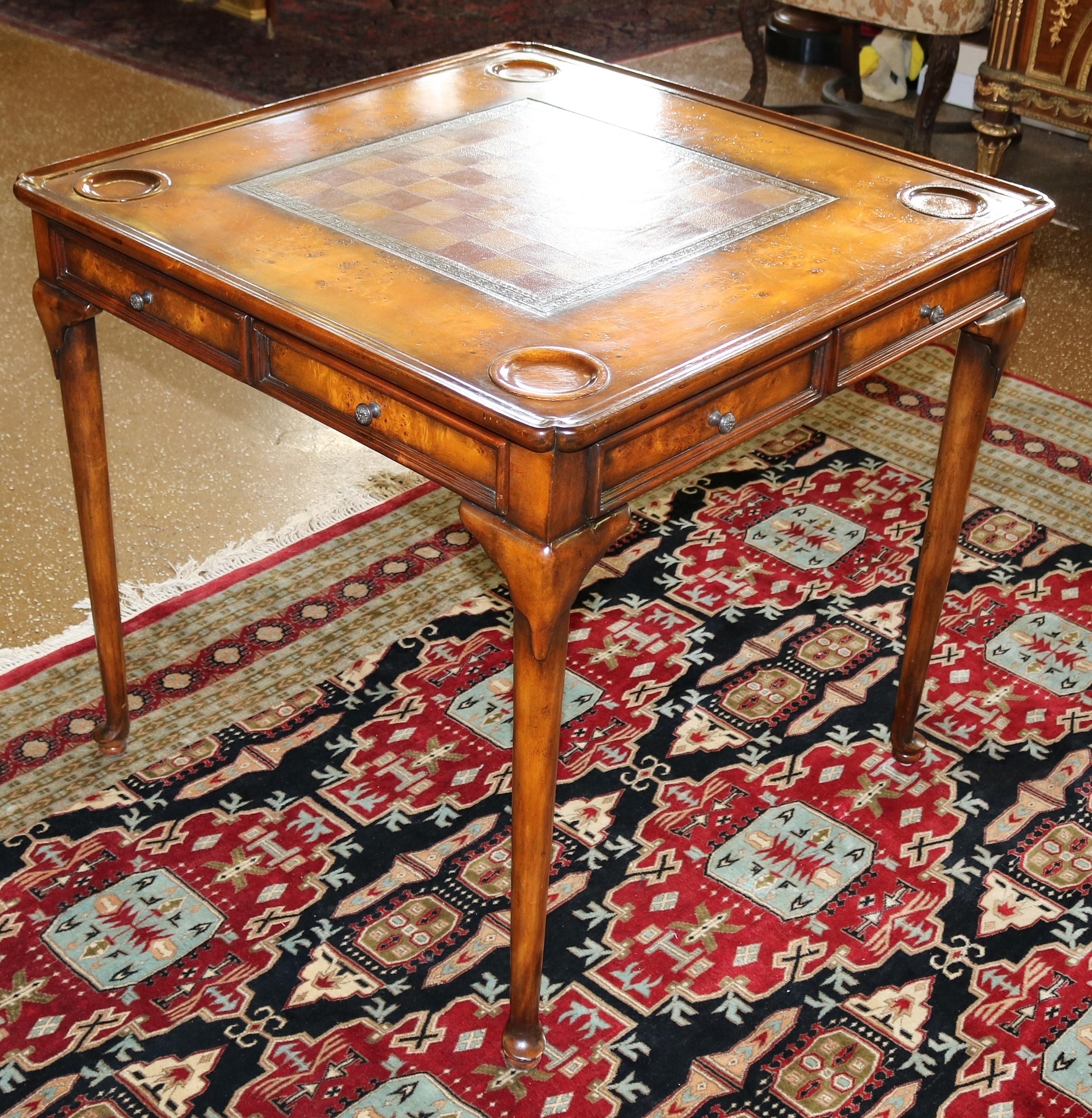 Brass Nice Burled Walnut Theodore Alexander Leather Top Game Table
