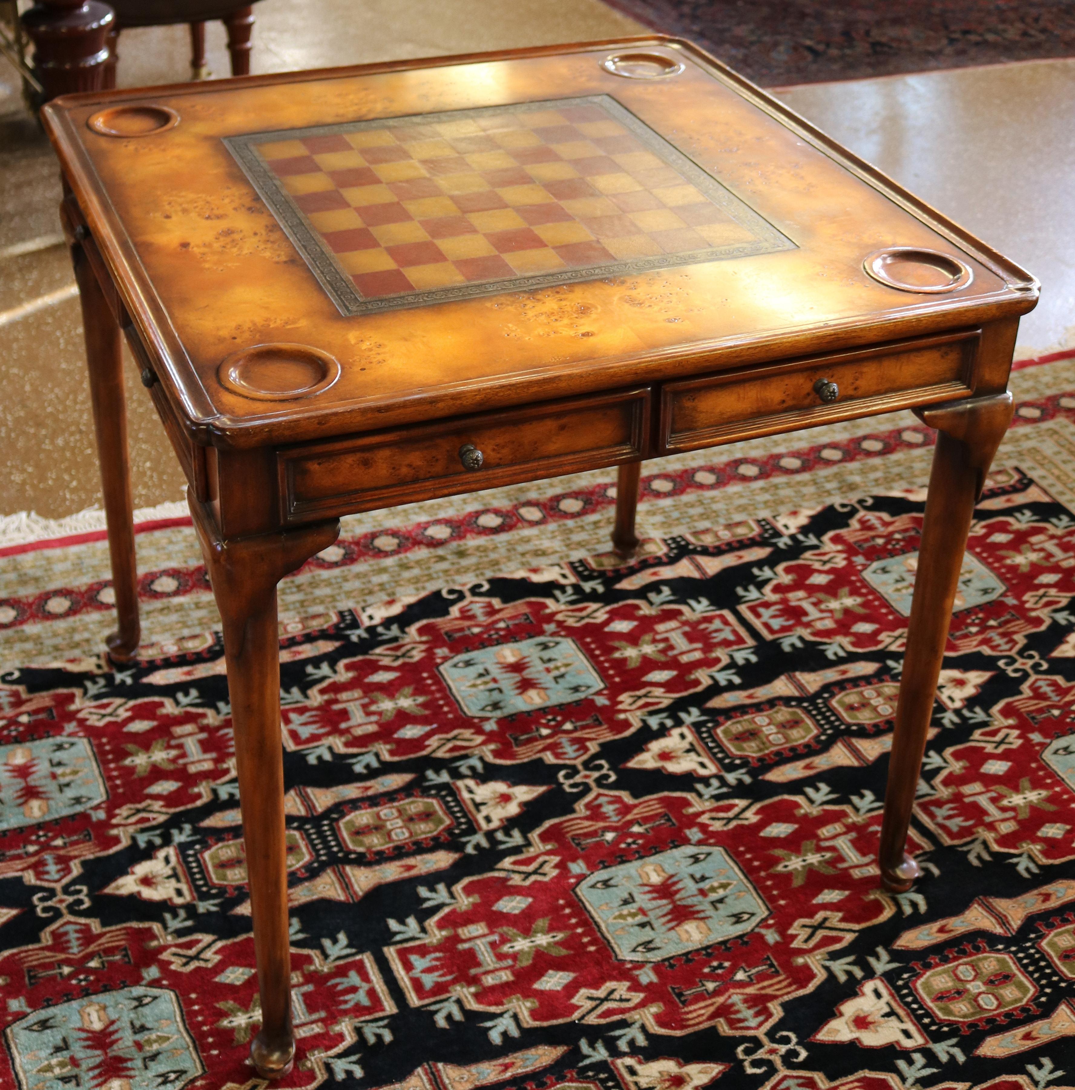 Nice Burled Walnut Theodore Alexander Leather Top Game Table 1
