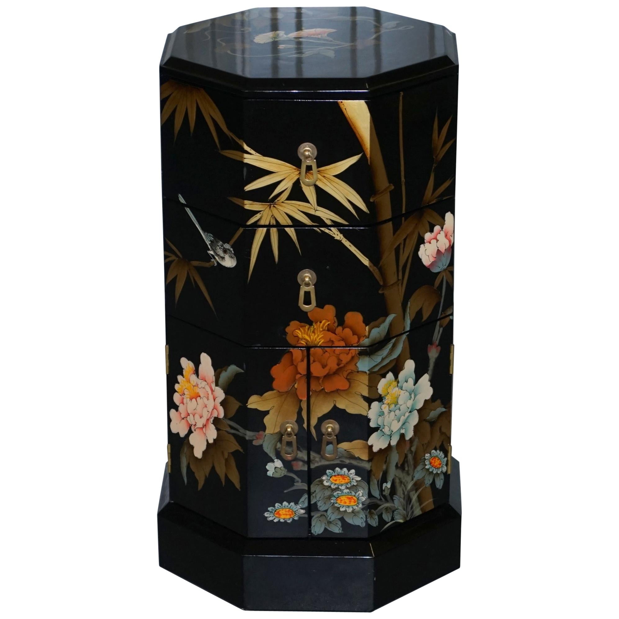 Nice Chinese Paint and Lacquered Floral & Birds Side Table Work Cabinet Drawers