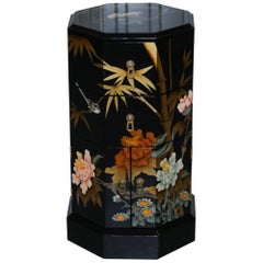 Nice Chinese Paint and Lacquered Floral & Birds Side Table Work Cabinet Drawers