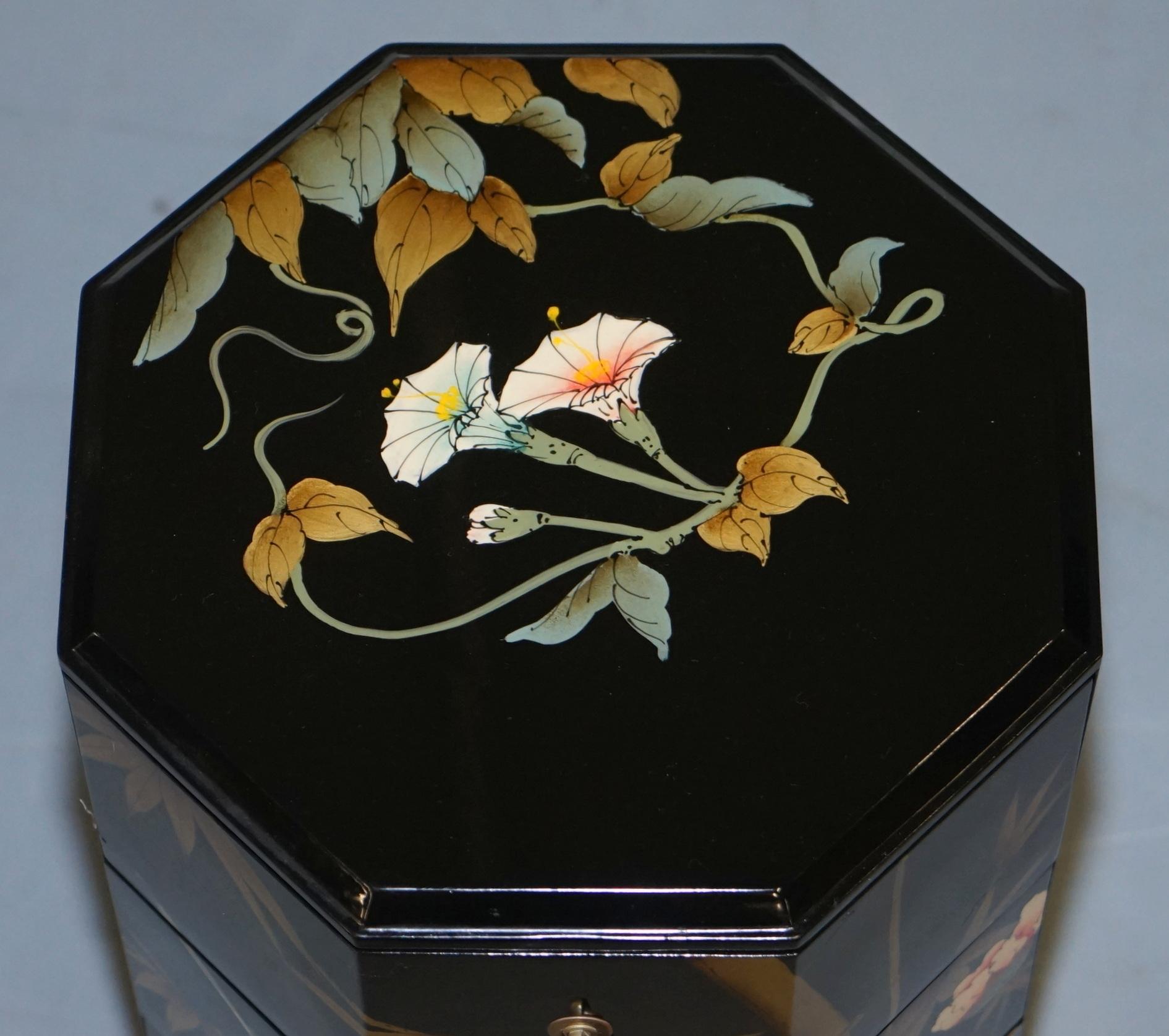 Chinoiserie Nice Chinese Paint and Lacquered Floral & Birds Side Table Work Cabinet Drawers