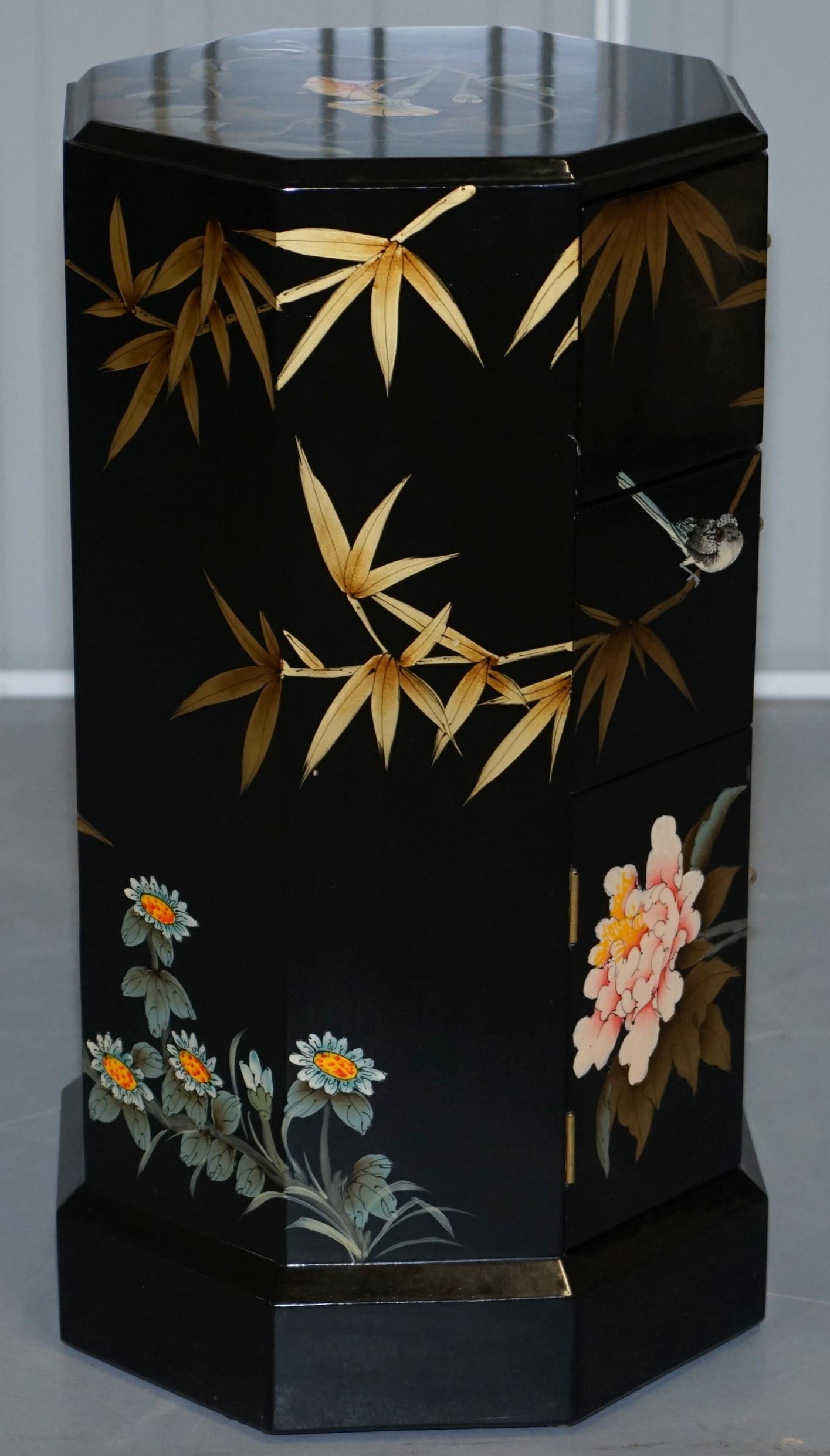 Nice Chinese Paint and Lacquered Floral & Birds Side Table Work Cabinet Drawers 1