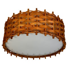 Nice Circle Wicker & Opaline Glass Flush Mount Germany, 1960s