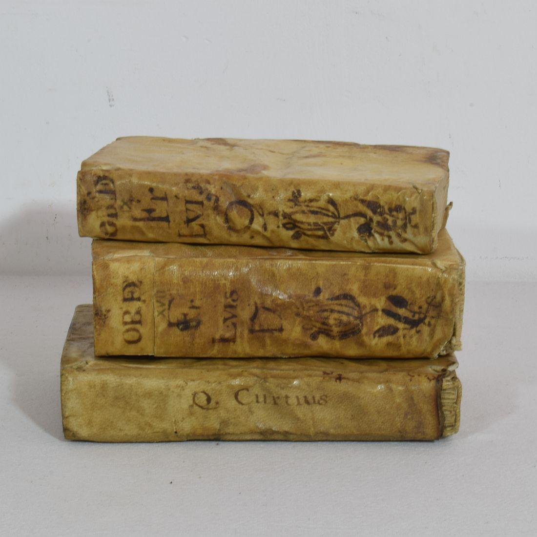 Nice collection of three extremely weathered vellum books, Spain 18th century. Weathered, losses and old repairs. 
Measures: H:15-16cm W:3-4cm D:10,5-11cm 
Measurements here below of the largest book.