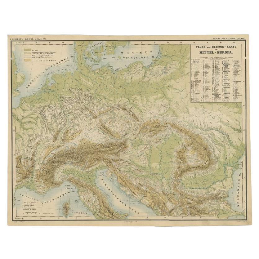 Belle carte ancienne colorée des rivières et des montagnes d'Europe c.1870