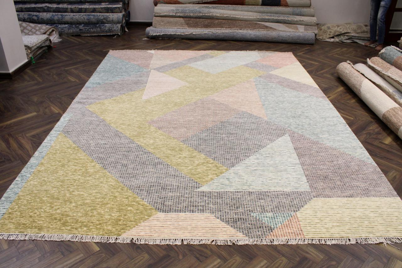 Pretty new modern design rug with nice geometrical art deco style design and beautiful colors, entirely hand knotted with wool velvet on cotton foundation 