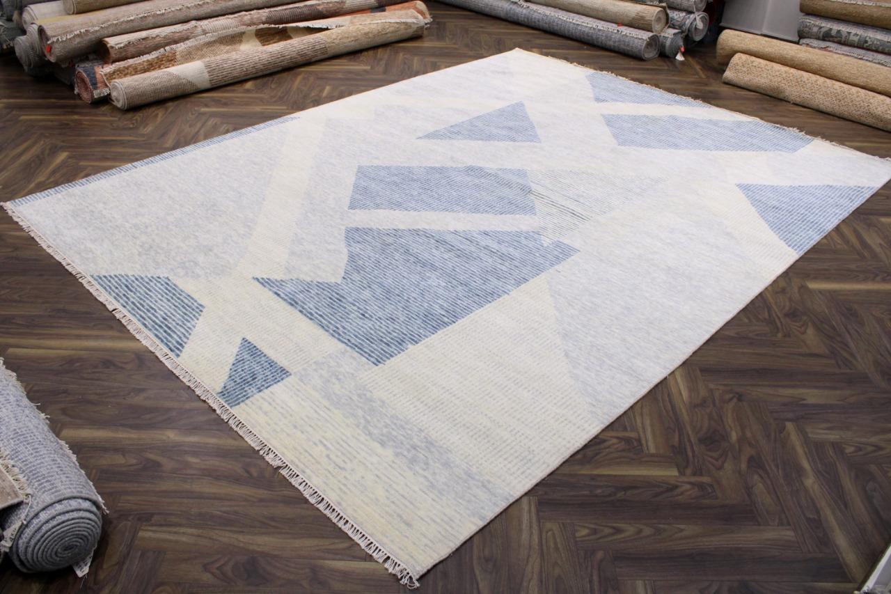 Pretty new modern design rug with nice geometrical art deco style design and beautiful colors, entirely hand knotted with wool velvet on cotton foundation.