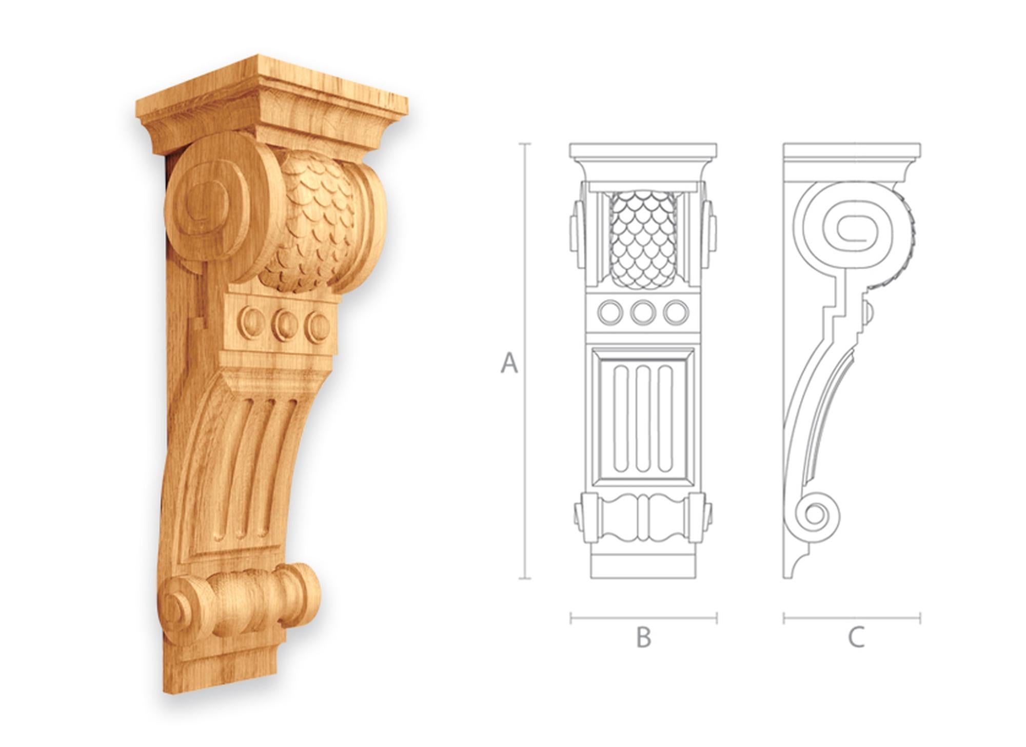 Contemporary Empire Style Custom Сarved Wood Bracket with Scales, Unfinished Oak Corbel For Sale