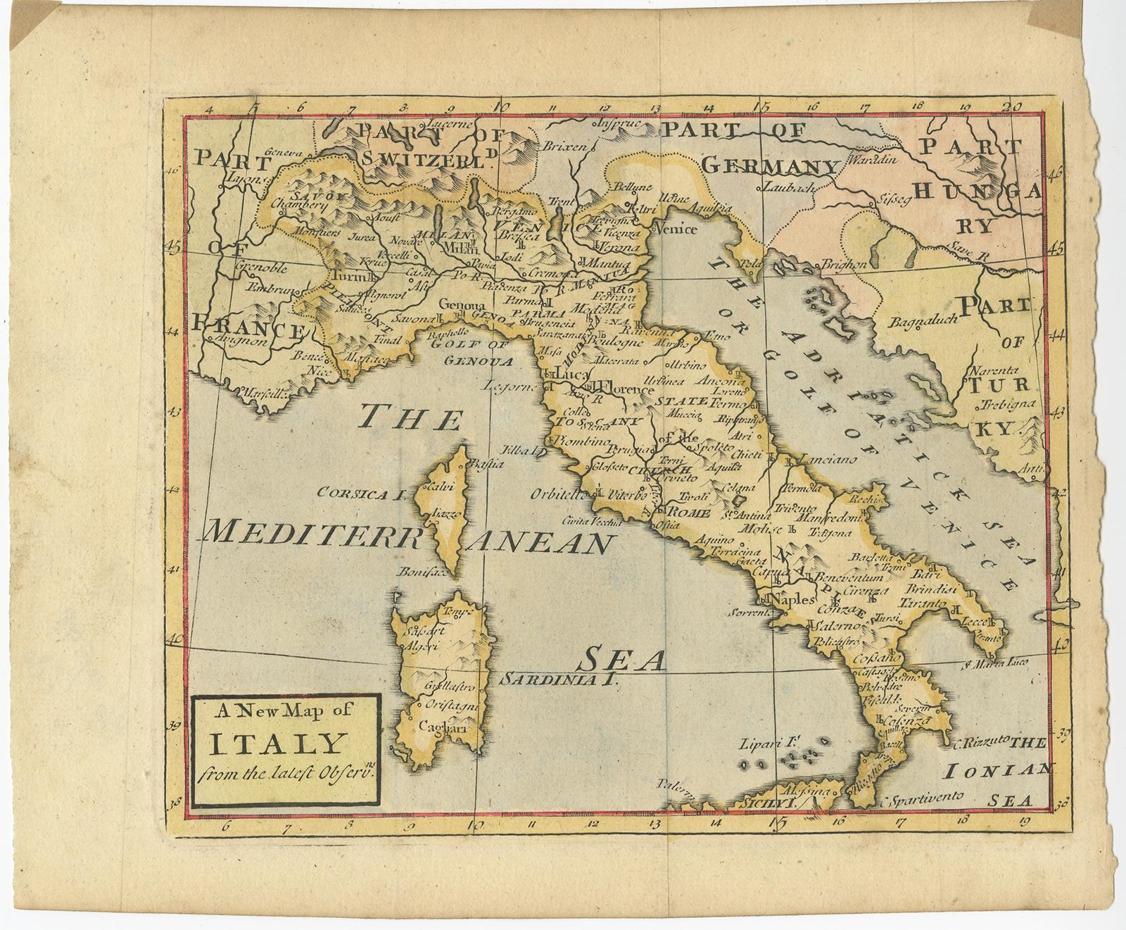 Antique map Italy titled 'A New Map of Italy from the lastest observations'. 

Antique map of Italy originating from 'Geography Anatomiz'd: or, The Geographical Grammar'. 

Artists and Engravers: Published by P. Gordon, London.

