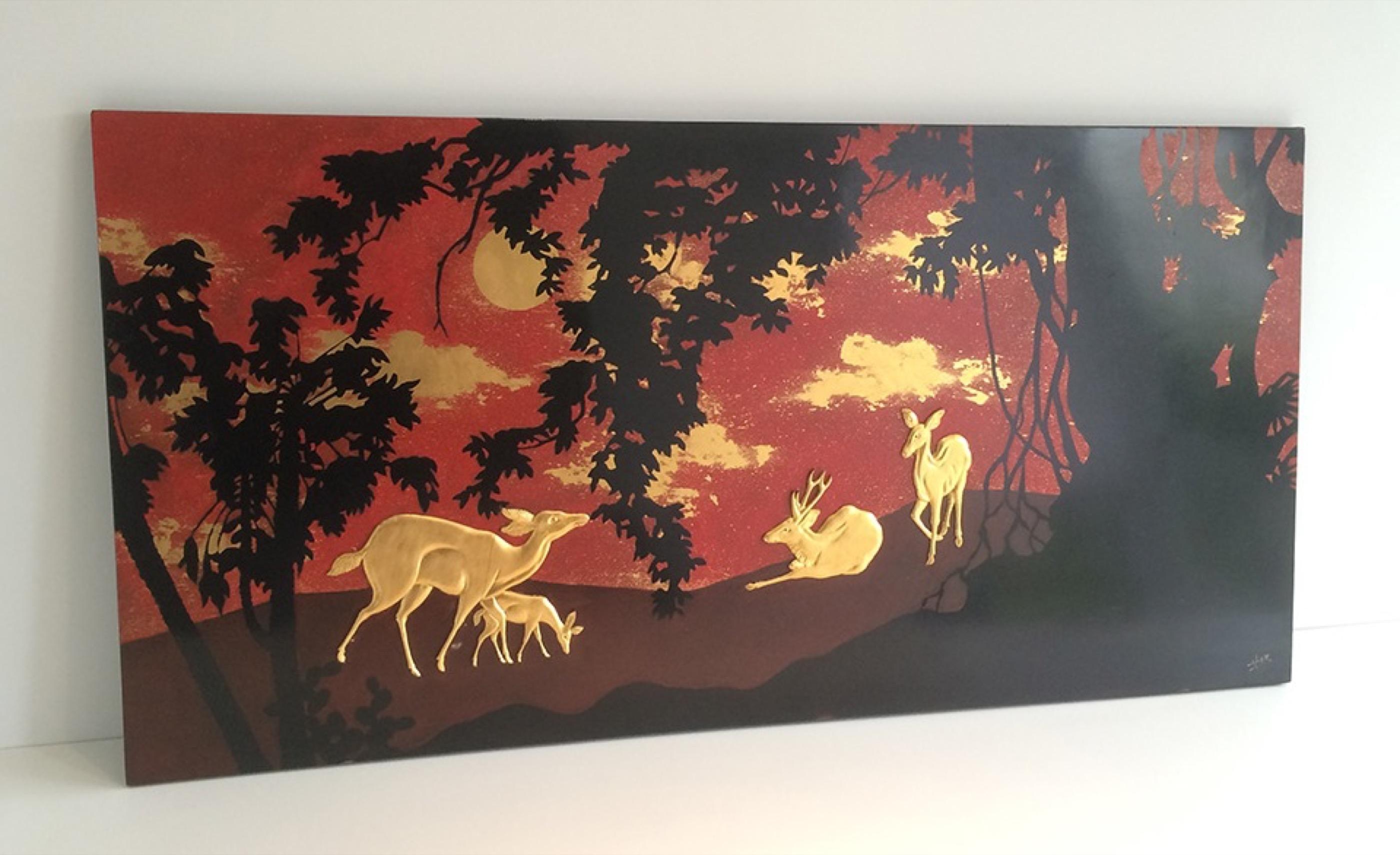 Nice Decorative Lacquered Panel depicting a Deer and Hinds in Décor, circa 1950 4