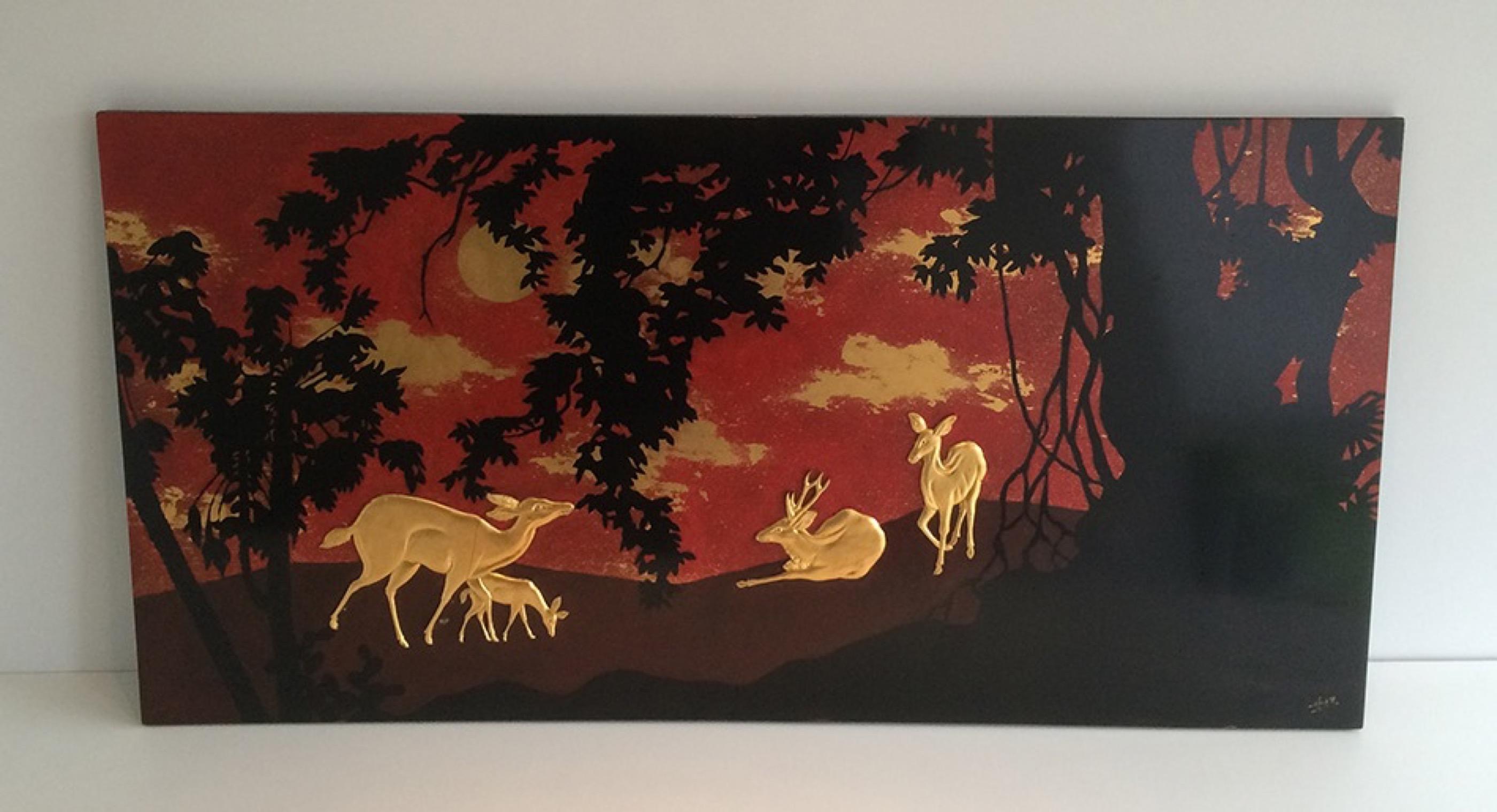 Nice Decorative Lacquered Panel depicting a Deer and Hinds in Décor, circa 1950 5