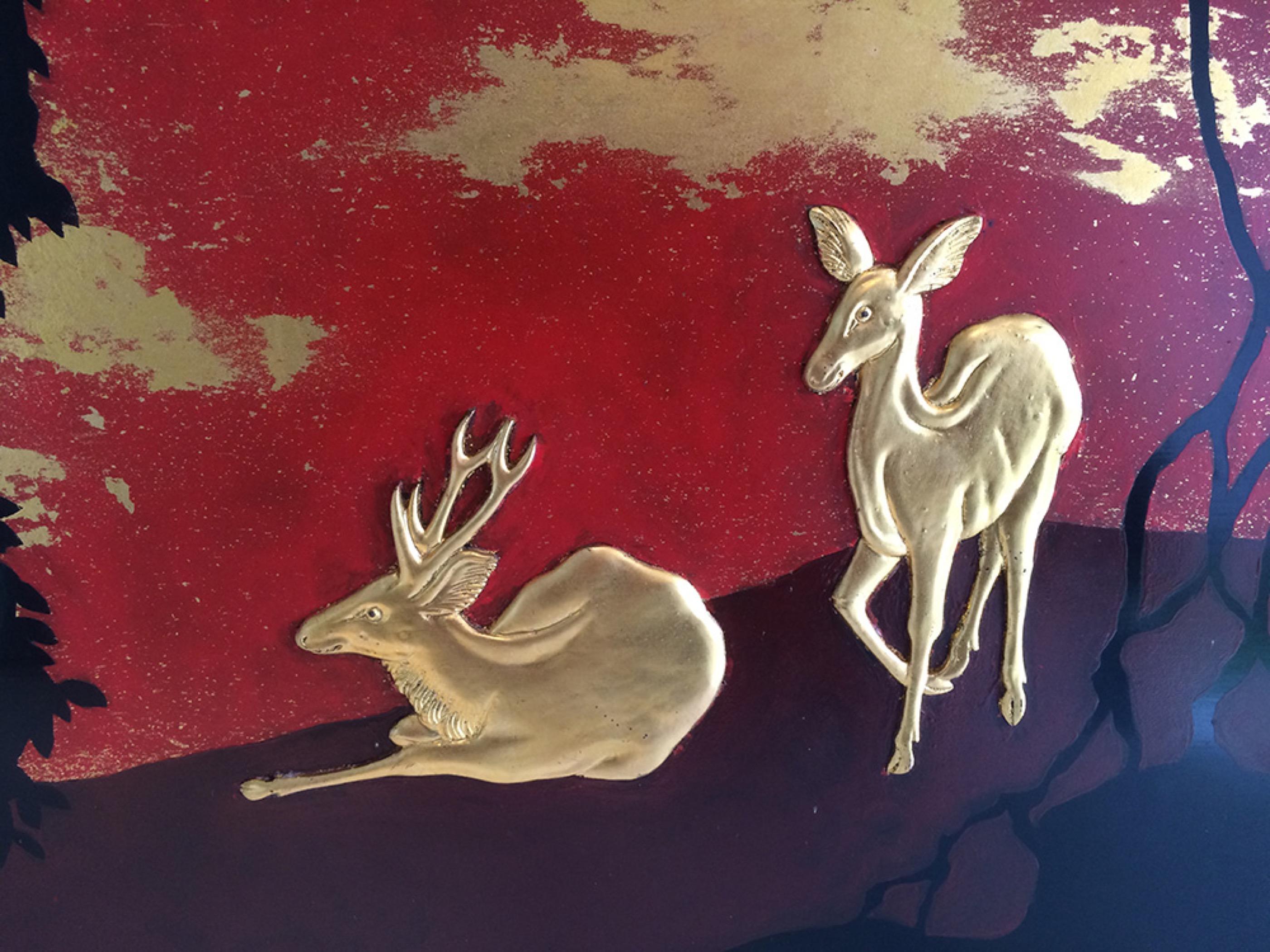 Wood Nice Decorative Lacquered Panel depicting a Deer and Hinds in Décor, circa 1950