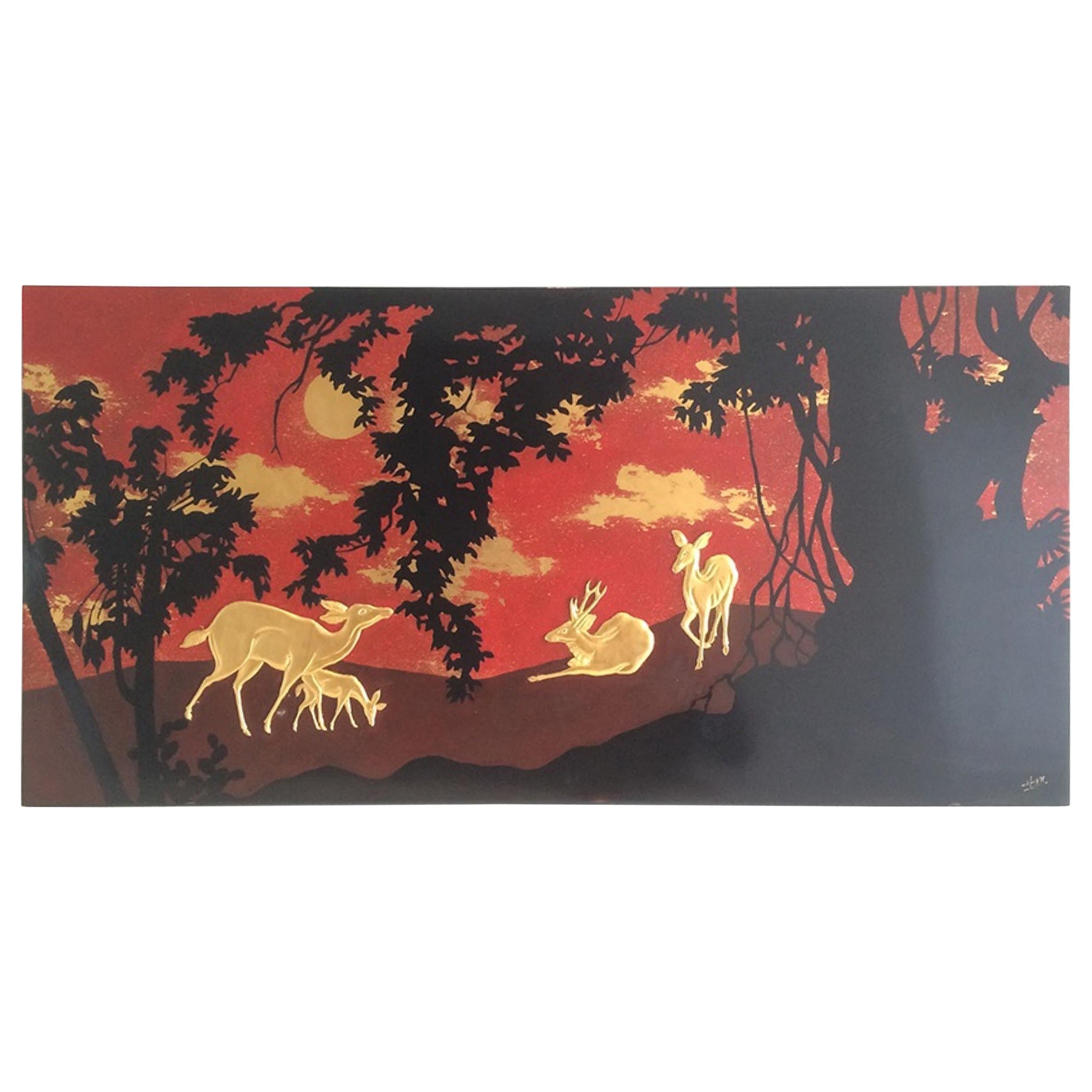 Nice Decorative Lacquered Panel depicting a Deer and Hinds in Décor, circa 1950