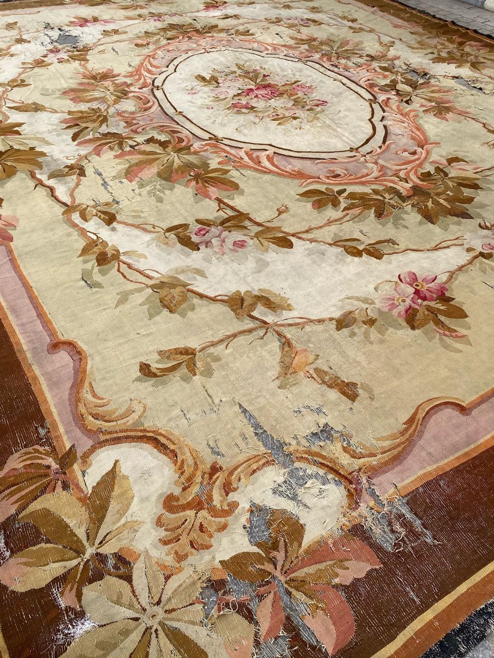Bobyrug’s Nice Distressed Large Antique Aubusson Flat Rug For Sale 5