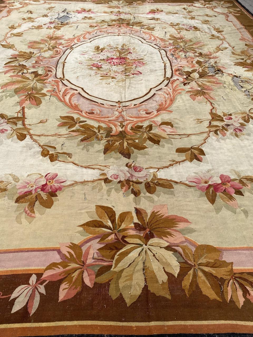 Bobyrug’s Nice Distressed Large Antique Aubusson Flat Rug For Sale 7