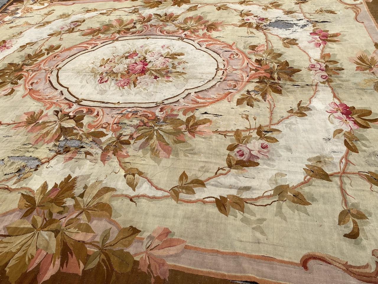 Bobyrug’s Nice Distressed Large Antique Aubusson Flat Rug For Sale 11