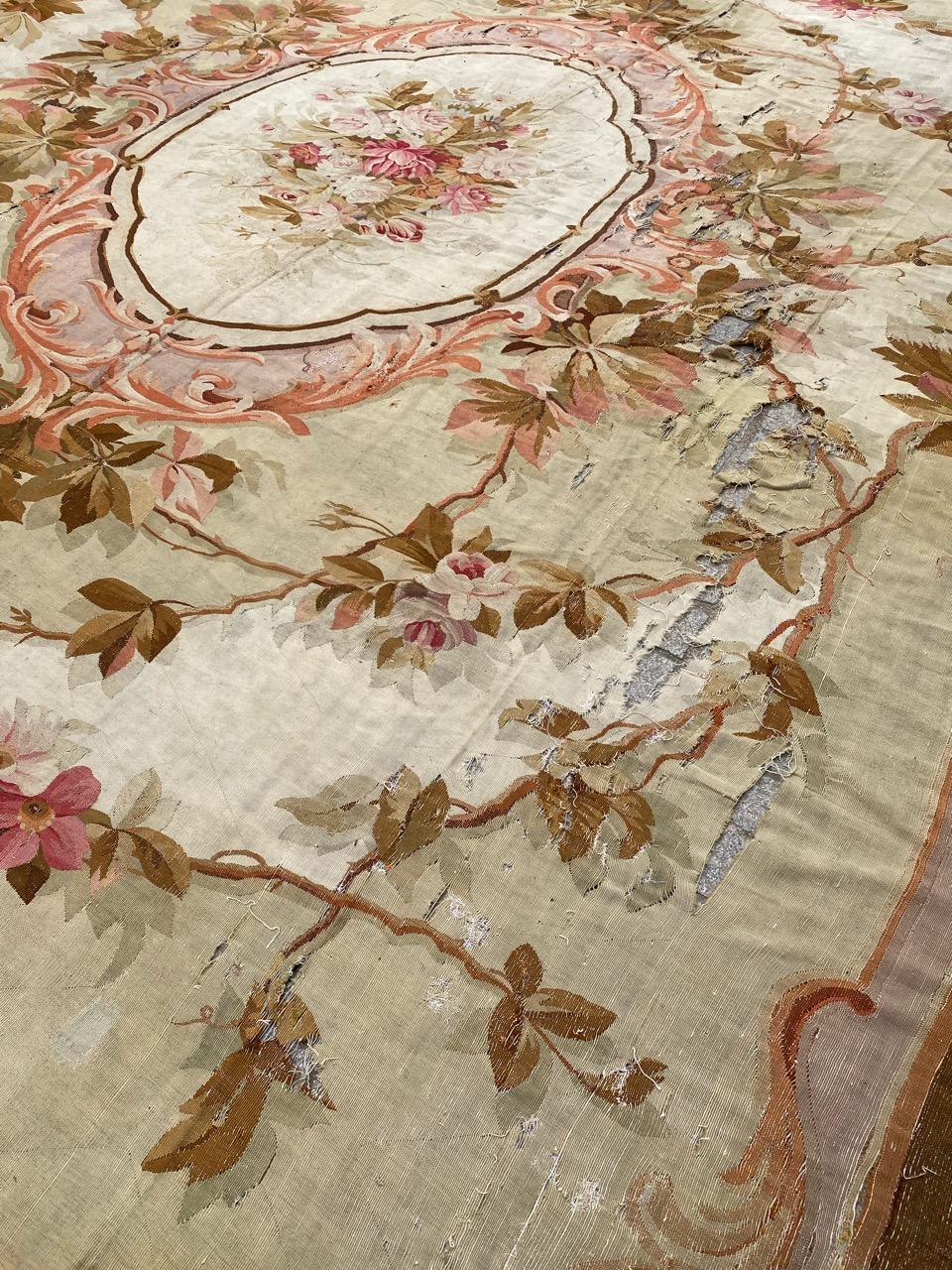 Bobyrug’s Nice Distressed Large Antique Aubusson Flat Rug For Sale 13
