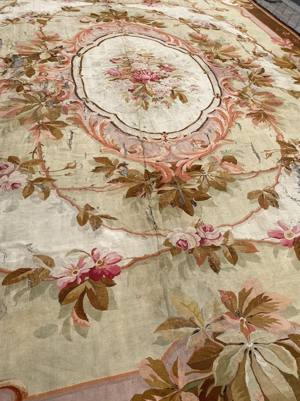 Hand-Woven Bobyrug’s Nice Distressed Large Antique Aubusson Flat Rug For Sale