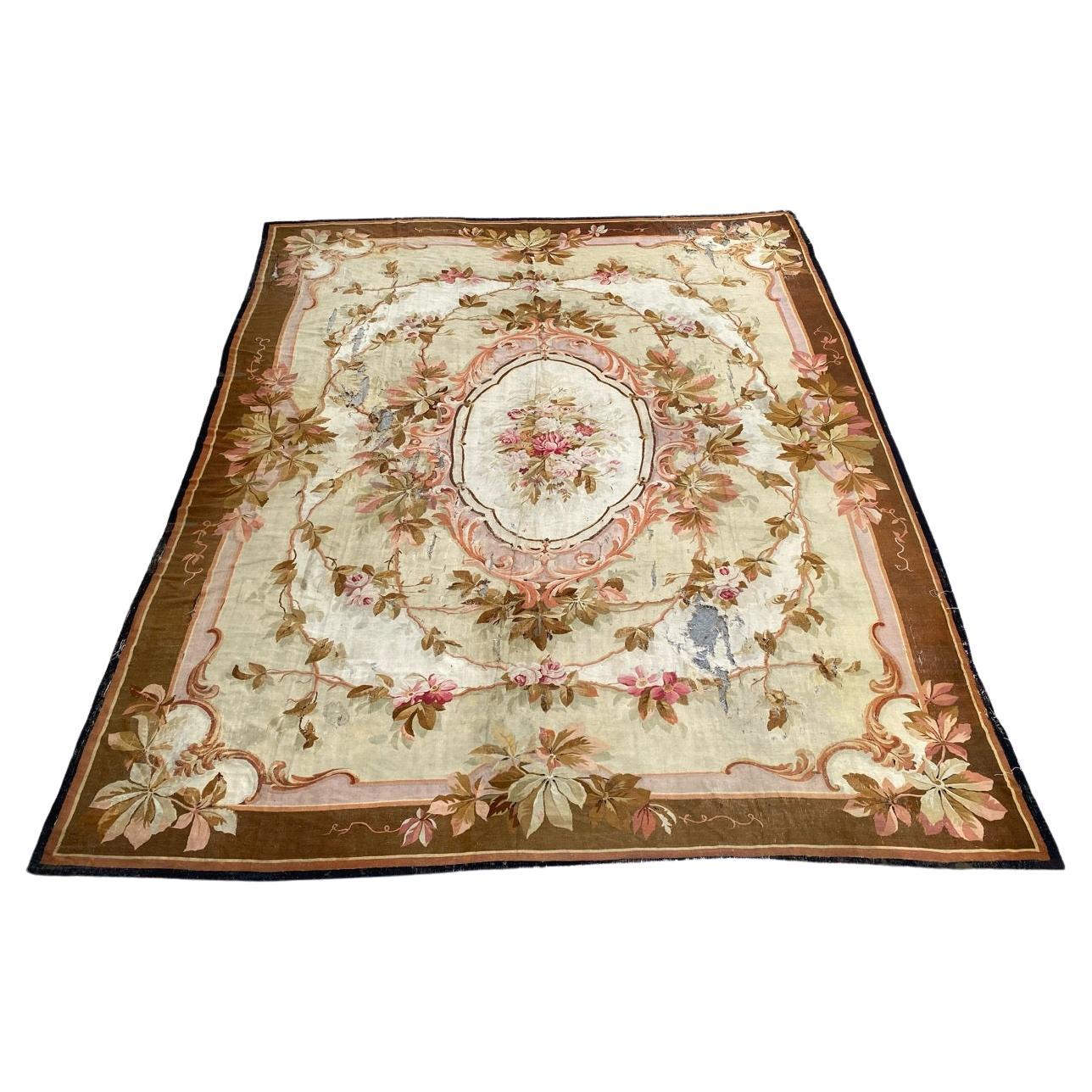 Bobyrug’s Nice Distressed Large Antique Aubusson Flat Rug For Sale