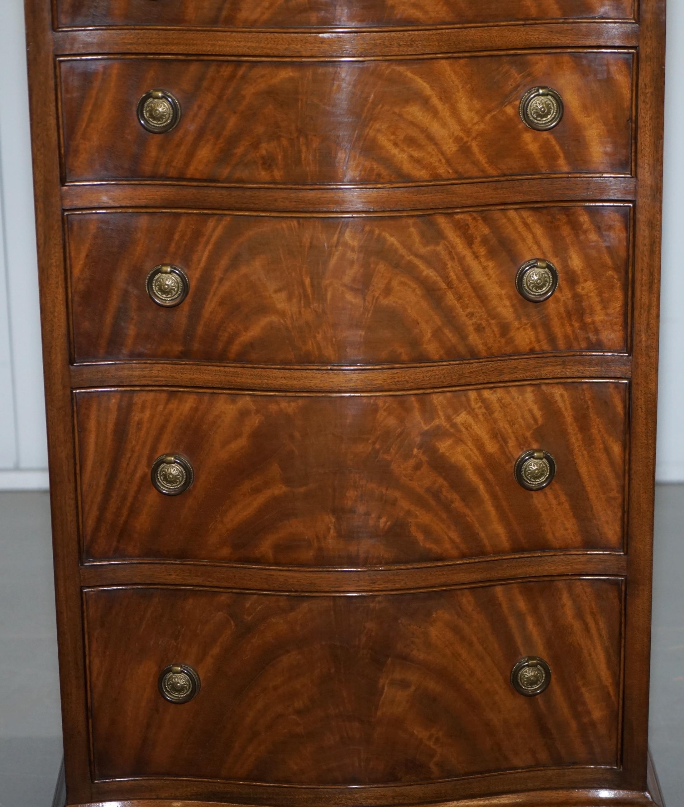 English Nice Flamed Hardwood Bevan Funnell Serpentine Fronted Tall Boy Chest of Drawers