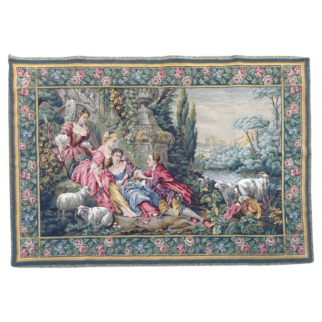 Nice French Aubusson Style Jacquard Tapestry “Berger Galant” For Sale