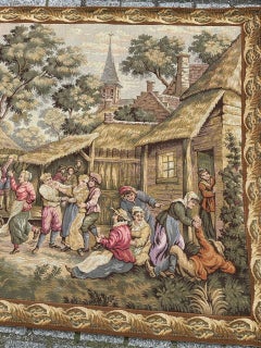 Belle tapisserie Jacquard de style Aubusson " Fête des villageois ".
