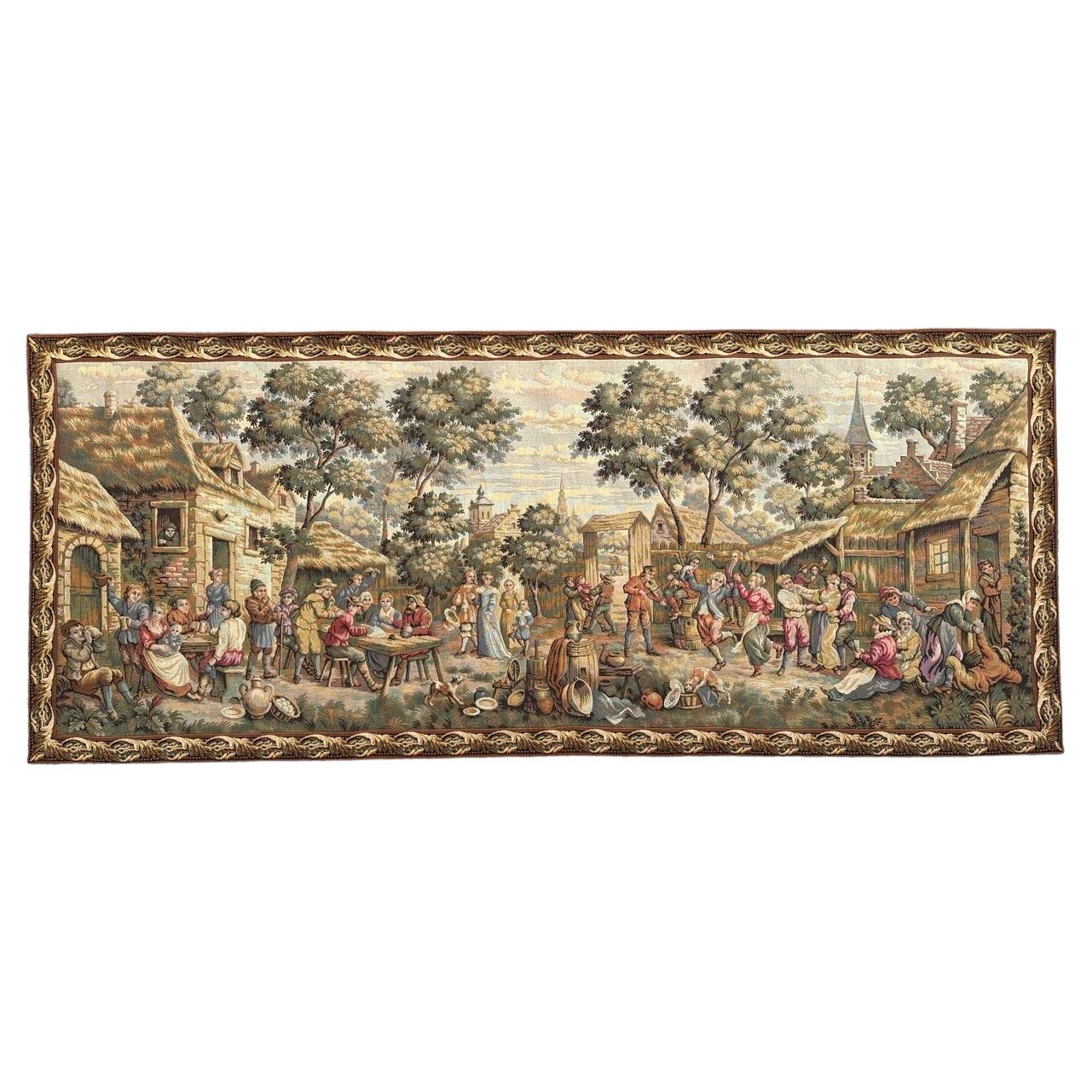 Belle tapisserie Jacquard de style Aubusson " Fête des villageois ".